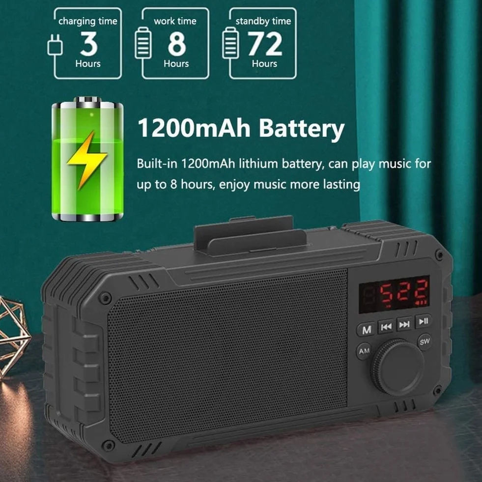 ARTSZY Głośnik Bluetooth Bezprzewodowa kolumna basowa Przenośny głośnik z uchwytem na telefon, obsługa radia FM/AM/SW, na kemping na zewnątrz - pojemność baterii 1200 mAh