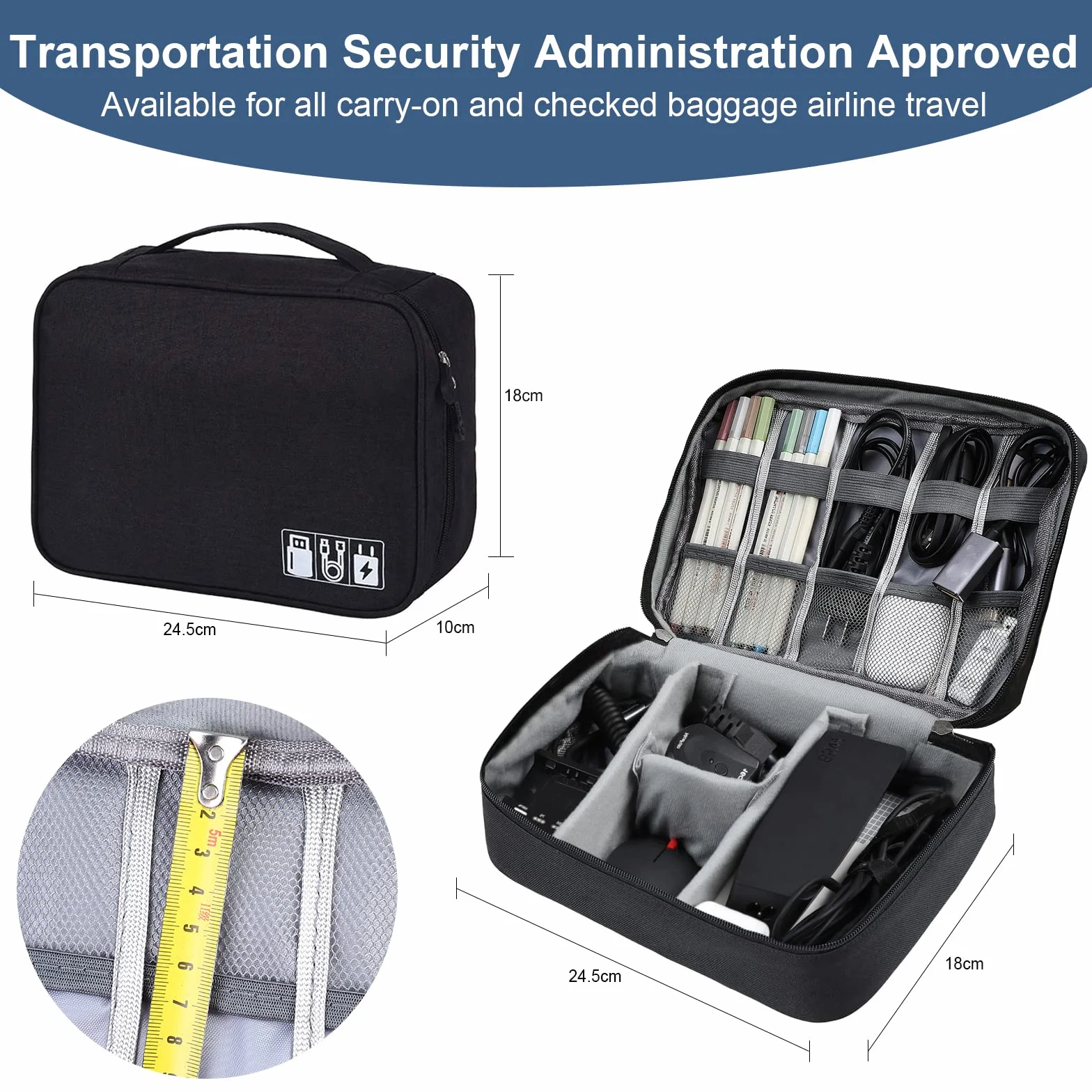 AiQInu Data cable storage bag-Grey Torba na kable, uniwersalny organizer na kable, 2 warstwy, wodoszczelny, regulowany organizer na kable do ładowania, powerbank, pamięć USB, karty SD, szary