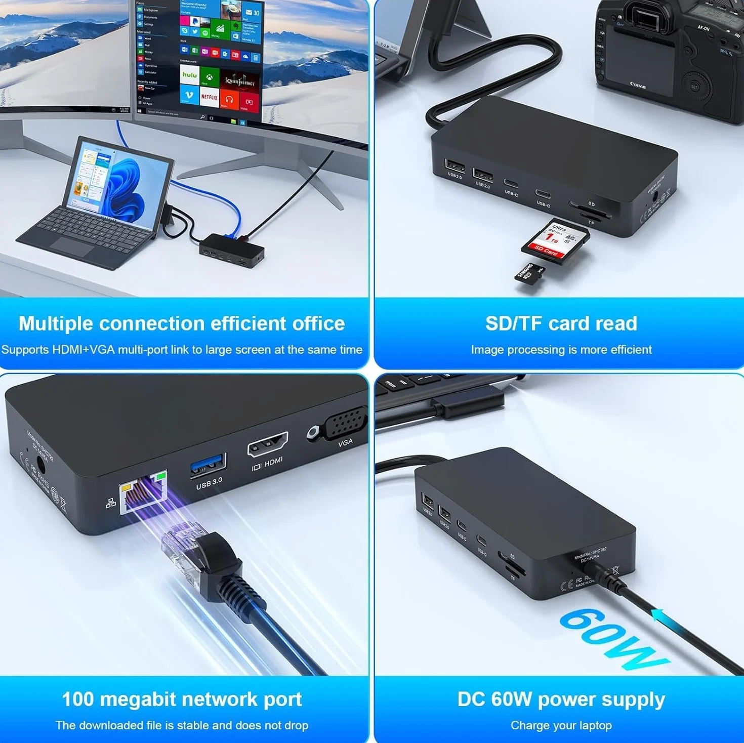 Stacja dokująca 11 w 1 do Surface Pro, Microsoft Surface Dock z dwoma ekranami, 4K 60 Hz HDMI+VGA, czytnik kart MS do Microsoft Surface Pro 11/10/9/8/X/7/6/5/4, Surface Laptop Go/7/6/5/4/3/2/1 Su