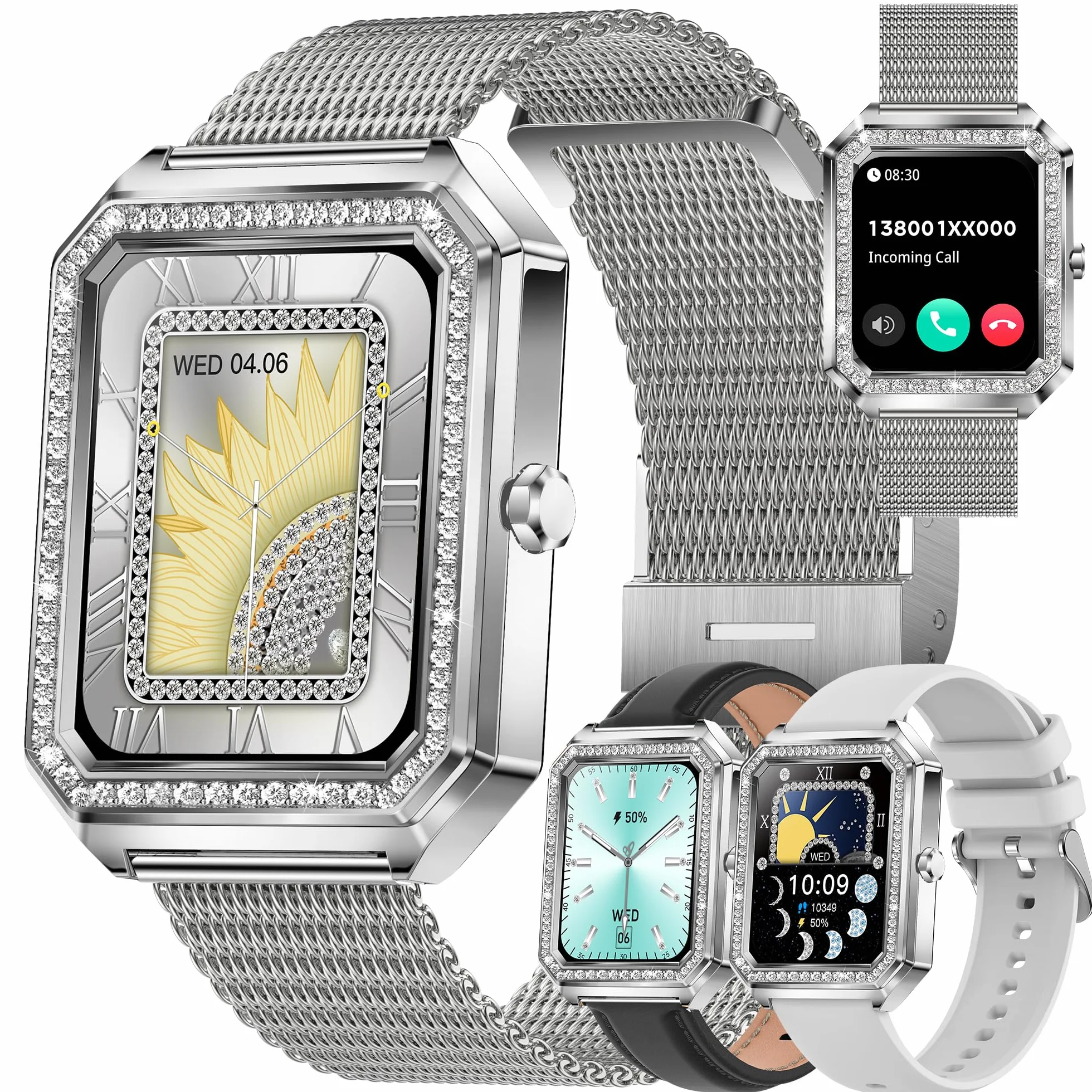 Smartwatch Inteligentny Zegarek Pani z Połączeniami, 1,59" Wodoodporny Smart Watch Sportowy Krokometr Pulsometr Ciśnienie Krwi Bransoletka Aktywność Cyfrowy Zegarek dla IOS Android (srebrny)