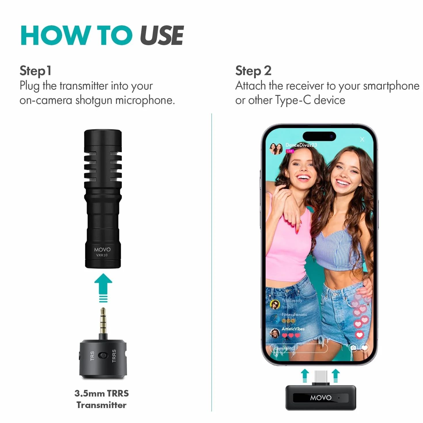 Movo WM-VXR10 bezprzewodowy adapter mikrofonowy do urządzeń USB-C/iPhone 15 i nowszych/Android - kompatybilny z VXR10, VXR10-PRO i Rode VideoMicro