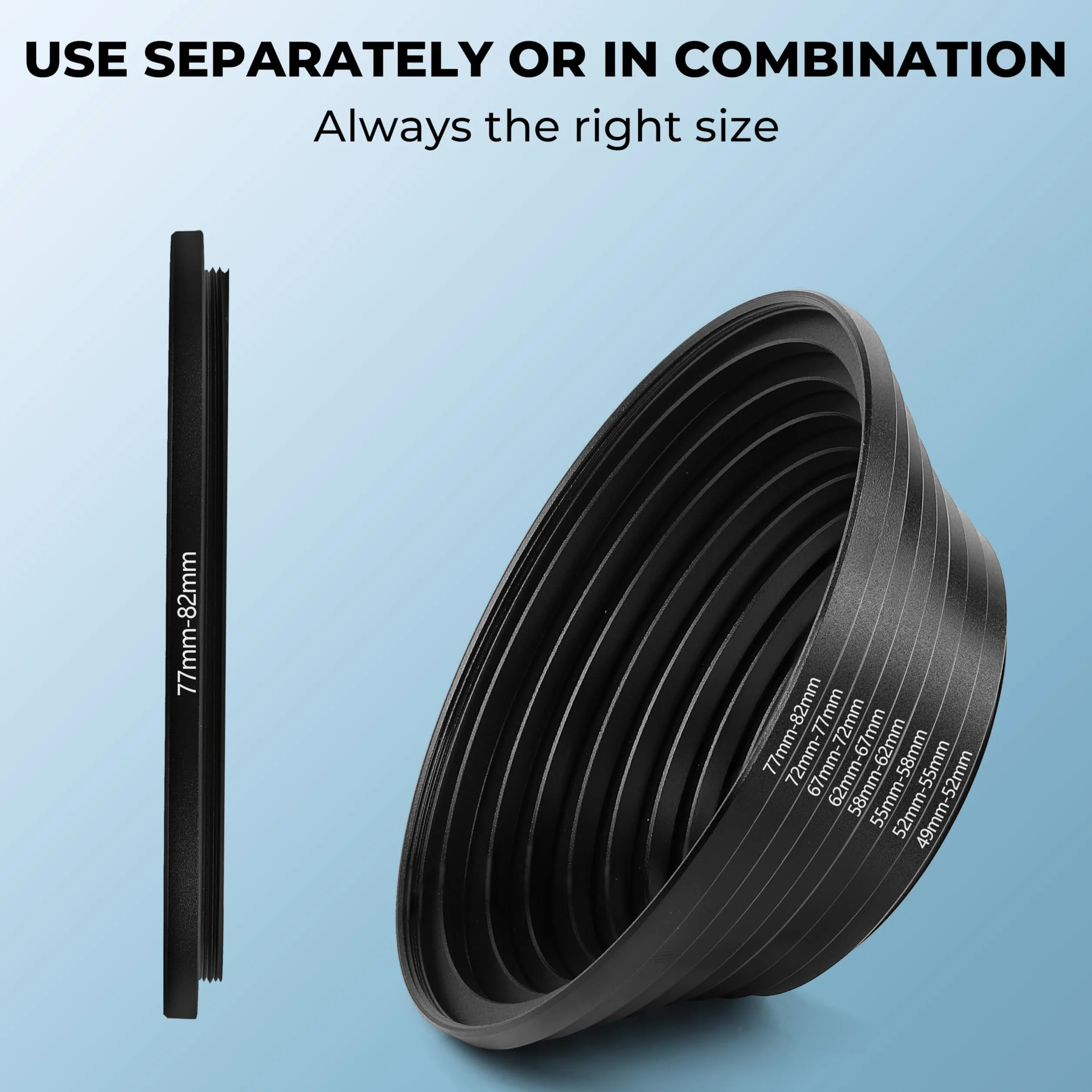 Zestaw 8 Pierścieni Redukcyjnych Step-UP, Adapter Filtra Obiektywu: 49mm 52mm 55mm 58mm 62mm 67mm 72mm 77mm 82mm.