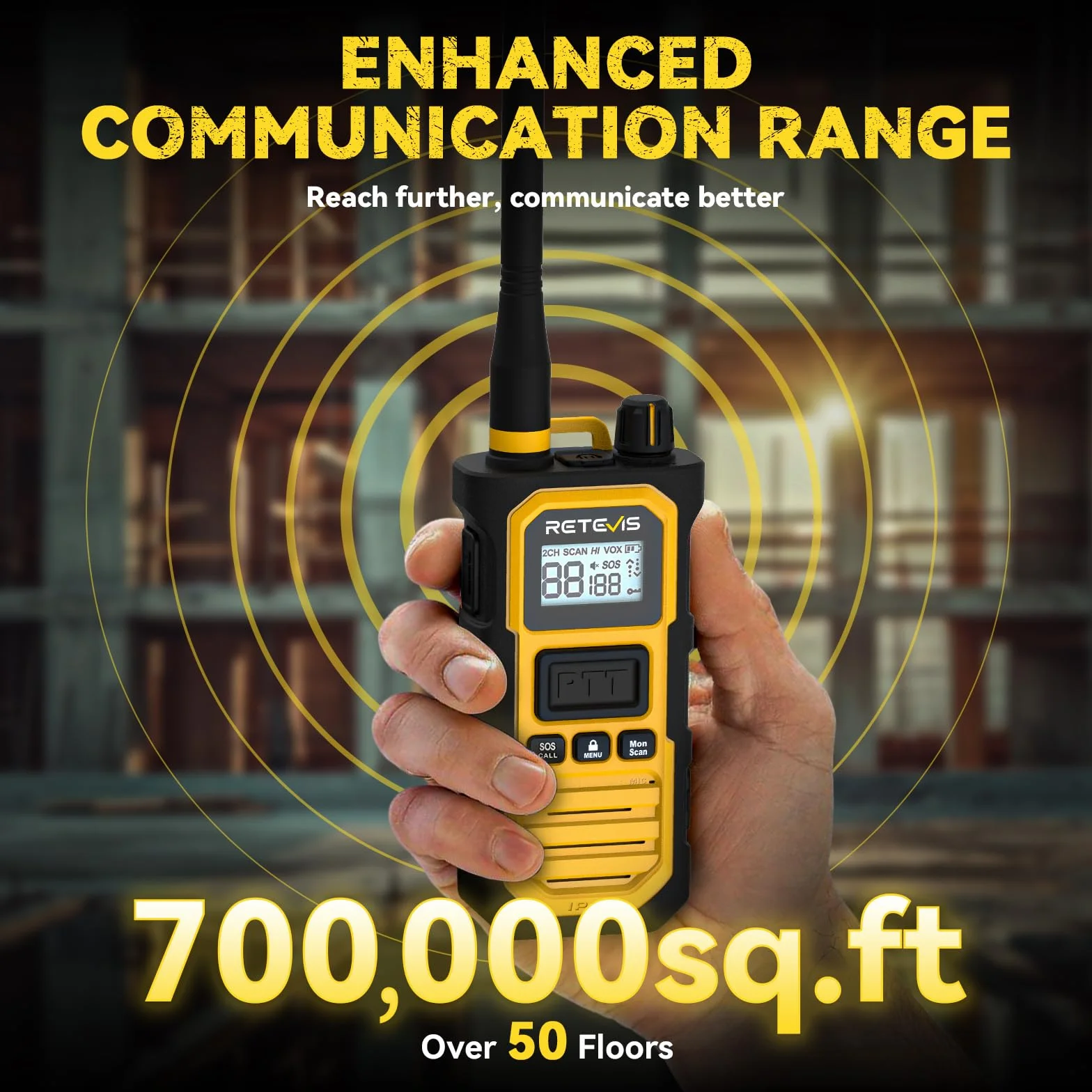 Retevis RB648 Pro Walkie Talkie, Wodoodporny IP67, 2800 mAh, Inteligentny Dźwięk, Profesjonalny Radiotelefon Dwukierunkowy o Dużym Zasięgu do Placów Budowy i Transportu Towarów (1 Szt. Żółty)