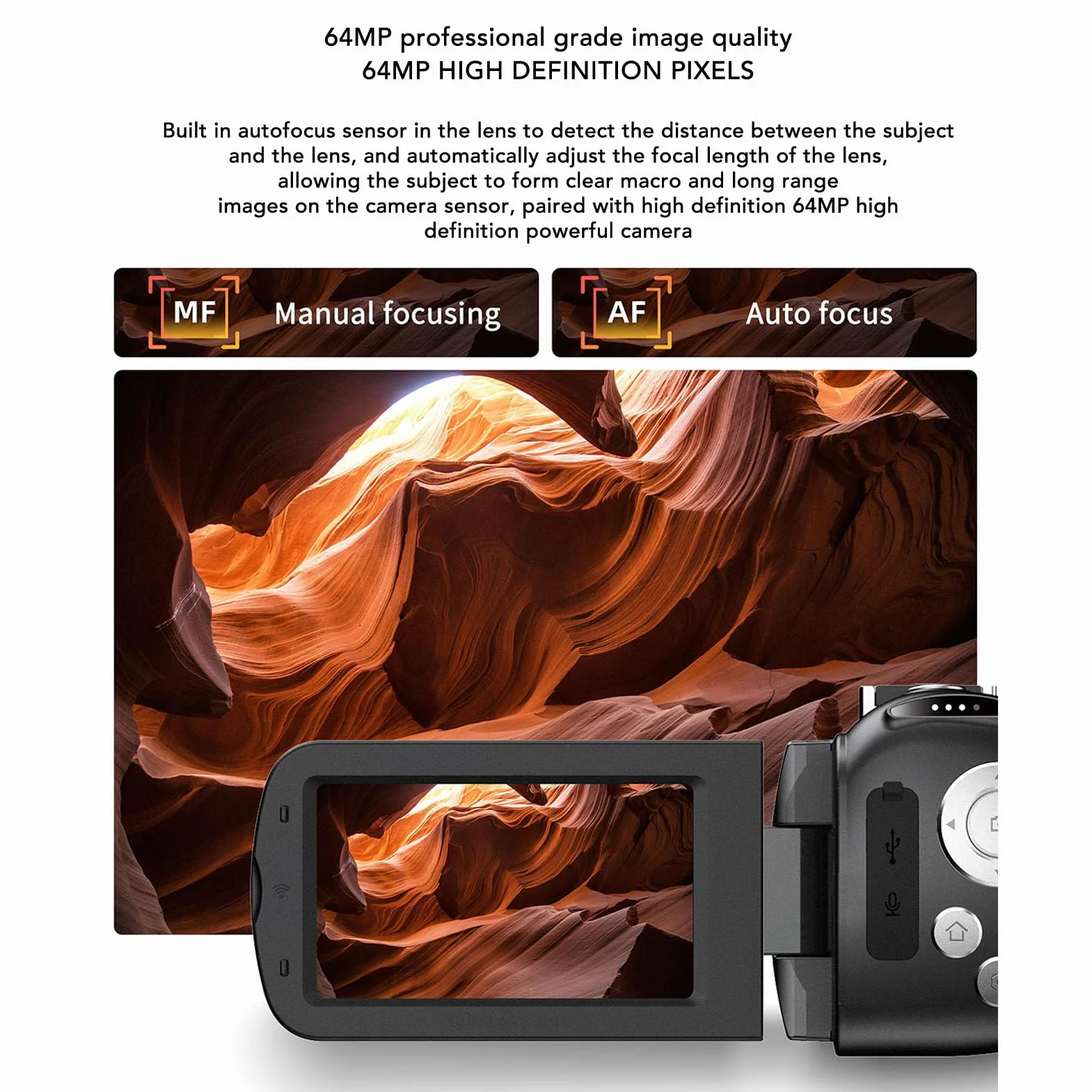Kompaktowy Aparat Cyfrowy 4K, Mała Kamera Wideo 64 MP z 28-krotnym Zoomem Cyfrowym, Stabilizatorem Obrazu, Autofokusem, 3-calowym Obrotowym Ekranem Kamera do Vlogowania dla