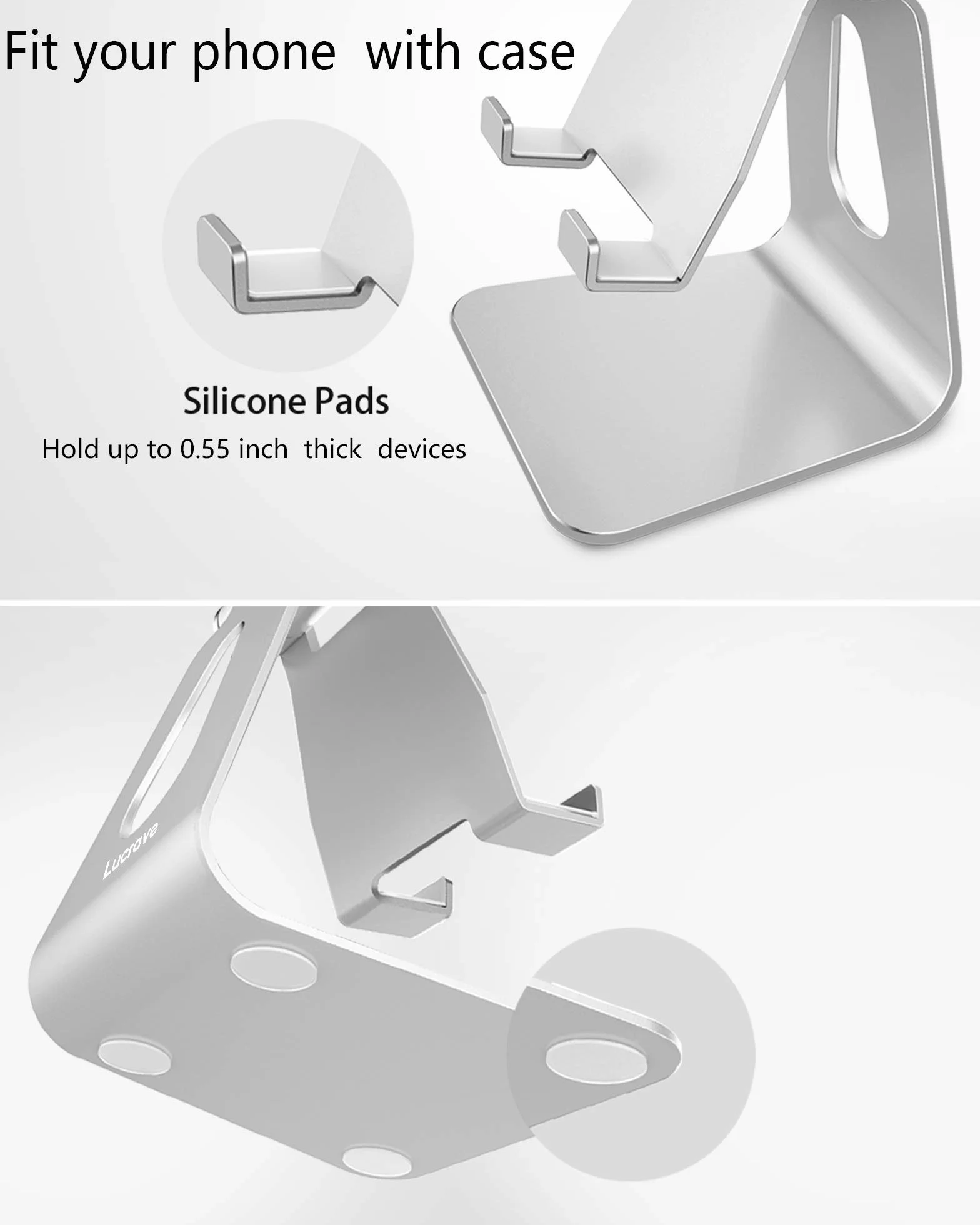 Stojak na telefon komórkowy Lucrave, regulowany aluminiowy uchwyt na telefon komórkowy na biurko Home Office dla iPhone 15 14 13 Pro Max Plus Mini XR XS X SE, Samsung Galaxy S24 S23, srebro