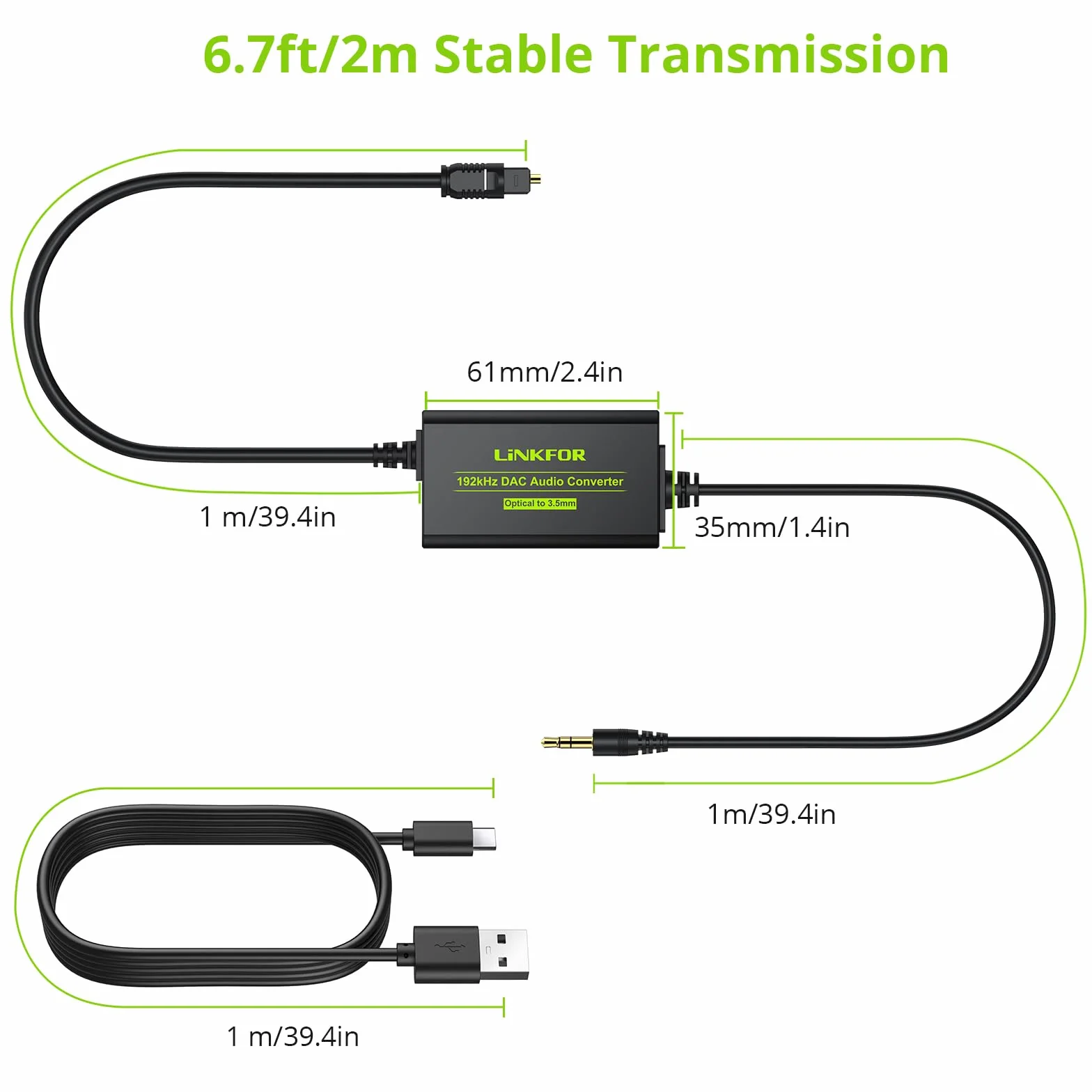 LiNKFOR Konwerter SPDIF do 3,5 mm,Przetwornik cyfrowo-analogowy,192KHz DAC SPDIF Toslink do 3,5 mm z 1m optyczny kabel do słuchawek,Wzmacniacz i głośnik