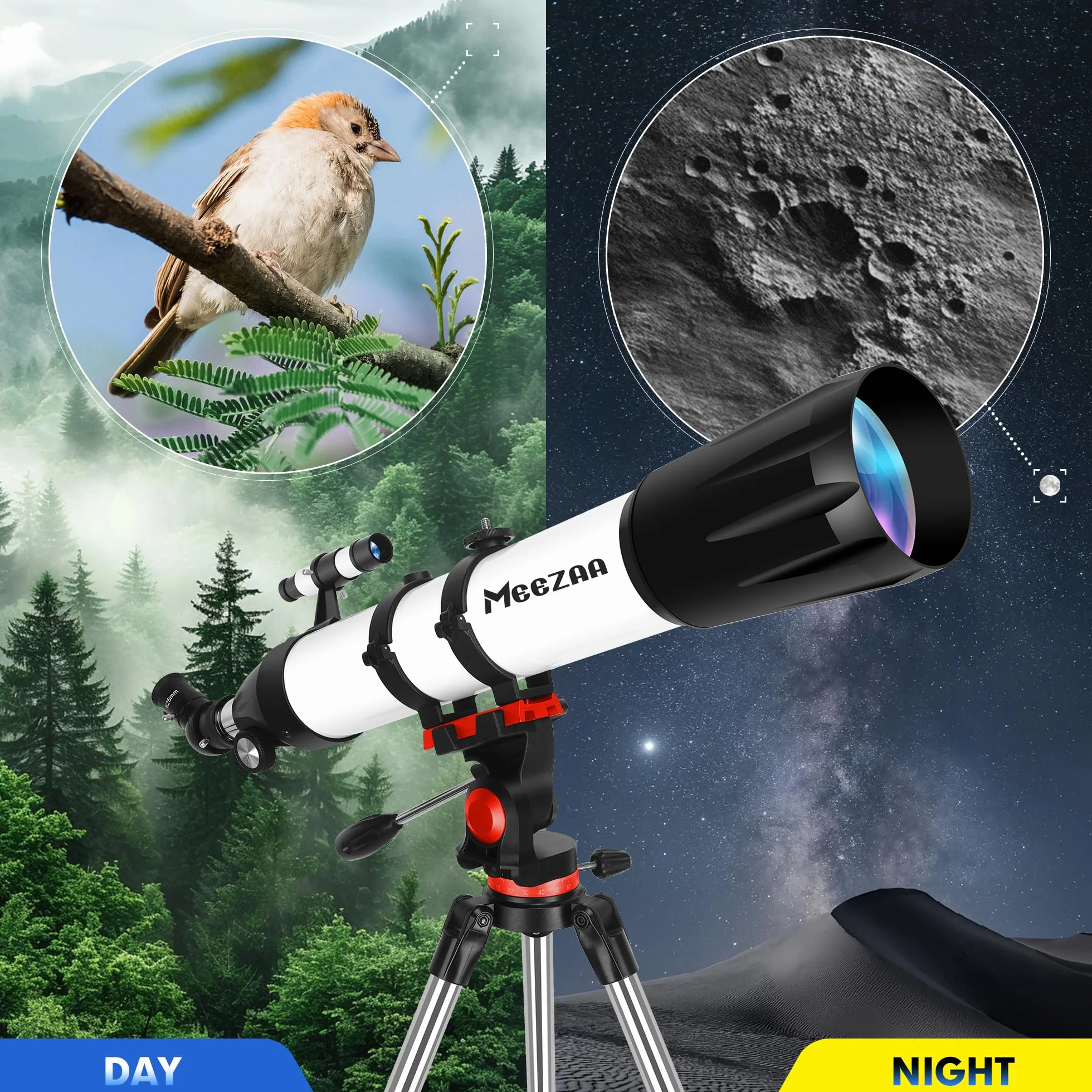 MEEZAA Teleskop, teleskop astronomiczny dla dorosłych, 90 mm, przysłona 800 mm, AZ Mount, refraktor astronomiczny dla dzieci, początkujących, do obserwacji księżyca i planet