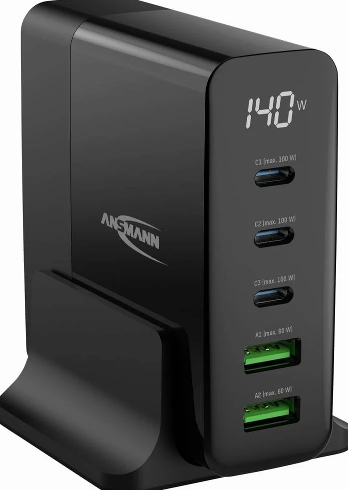 ANSMANN 5-portowa ładowarka USB o mocy do 140 W/Power Delivery i Quick Charge 3.0 ładowarka z inteligentnym sterowaniem ładowania/idealna do smartfonów, tabletów, wentylatorów stołowych, urządzeń LED