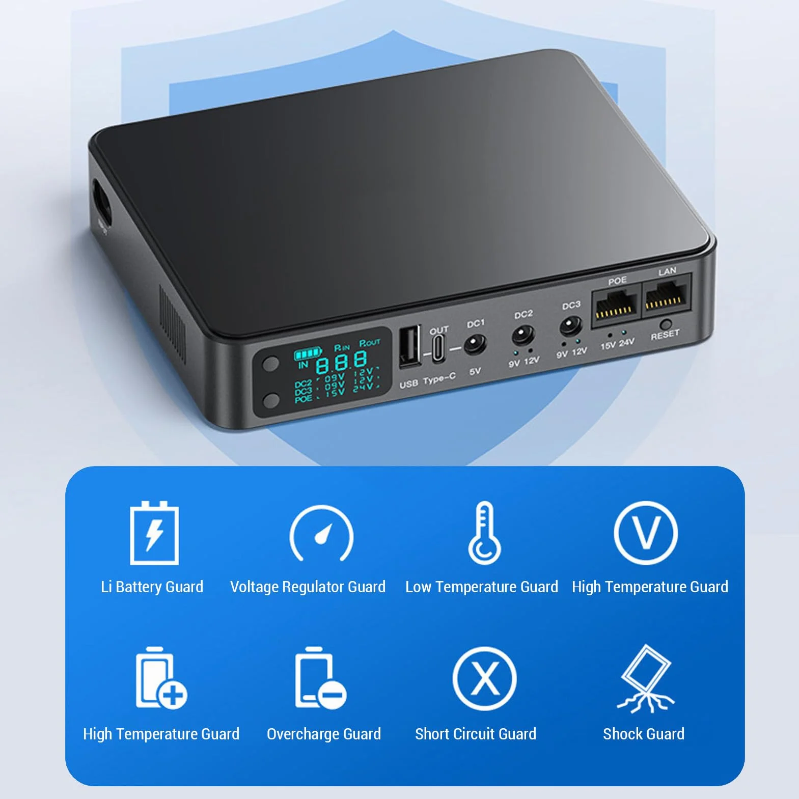 Fockety 18000mAh Mini Zasilanie z Zasilaniem UPS, 5 Gniazdek Zapasowy Zasilanie z Zasilaniem z Multi Napięć DC 5V 9V 12V, Zasilacz Awaryjny do Routera WiFi, Kamera Bezpieczeństwa (wtyczka UE)