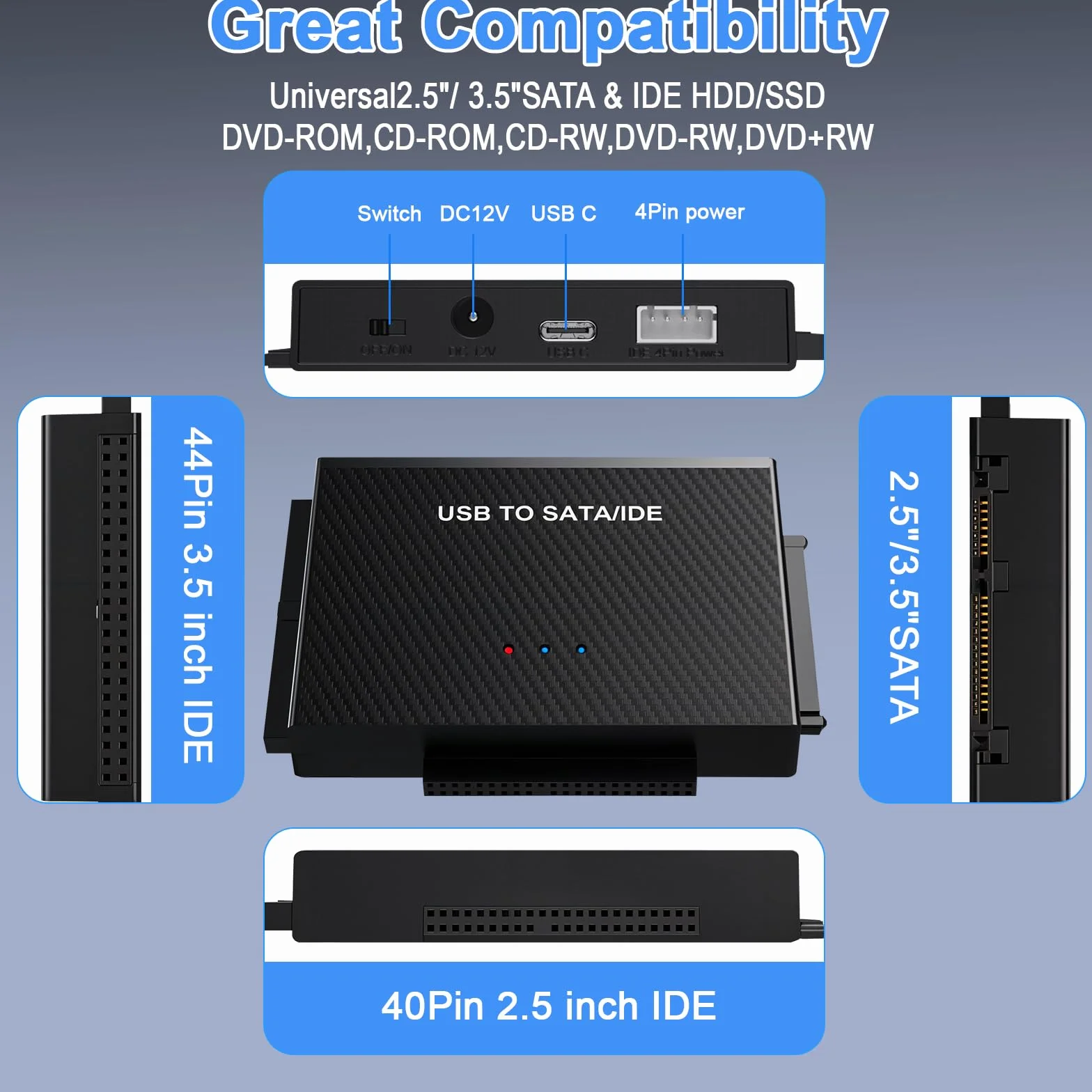 Adapter USB 3.2 na SATA/IDE, dysk twardy, odpowiedni do dysków twardych SATA 6.3 cm i 8.9 cm, obsługuje pojemność 6 TB, z zasilaczem 12 V 2 A, kompatybilny z Windows/Mac OS/Linux itp.