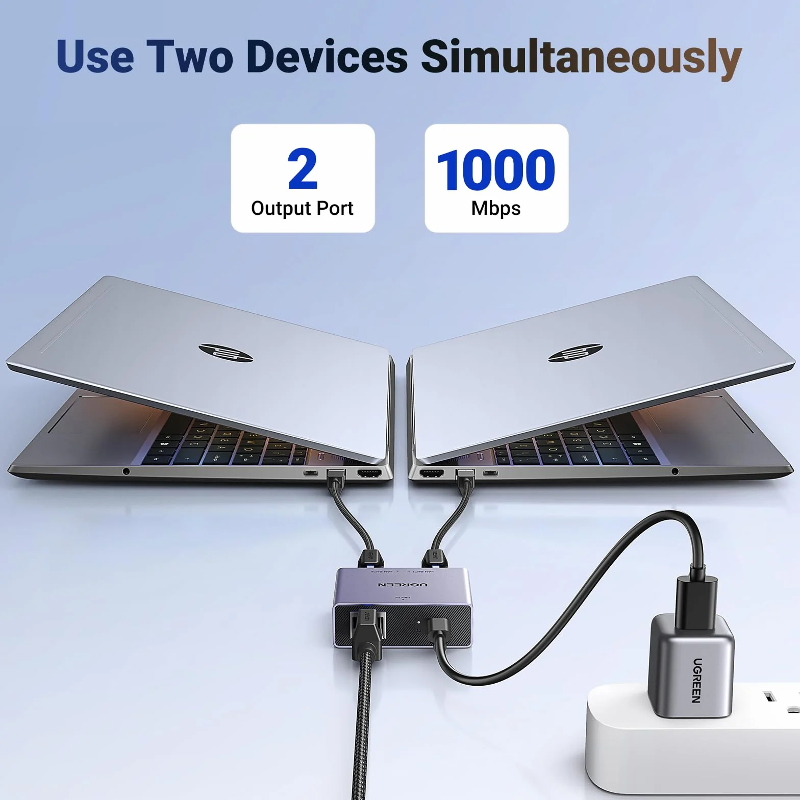 UGREEN Rozdzielacz LAN 1 do 2 Rozdzielacz Ethernet 1000 Mb/s Przełącznik LAN 2 porty z kablem zasilającym typu C Przełącznik Gigabit Ethernet do przełącznika koncentratora PC Router TV