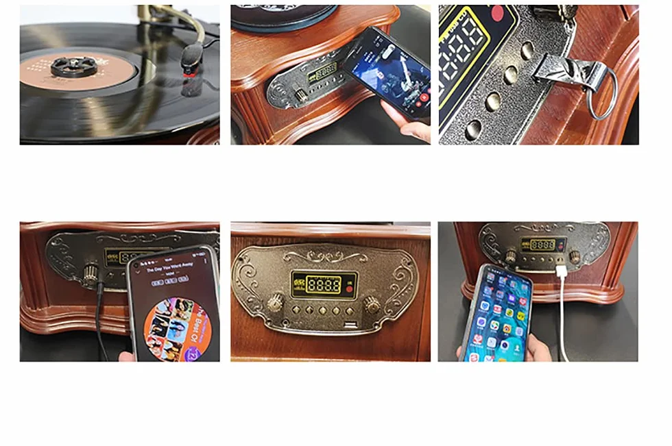 Vintage gramofon - Bluetooth, USB, radio FM, miedziany róg do odtwarzania płyt LP