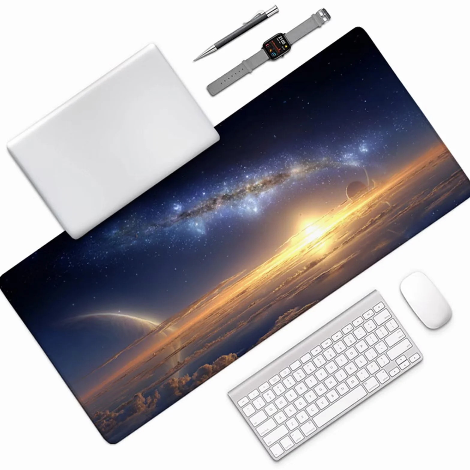 Podkładka na biurko dla graczy, gwiaździste niebo, planeta, podkładka pod mysz XXL, 1200 x 600 x 3 mm, podkładka pod mysz ze zszytymi krawędziami, akcesoria do gier, mata na biurko z antypoślizgową