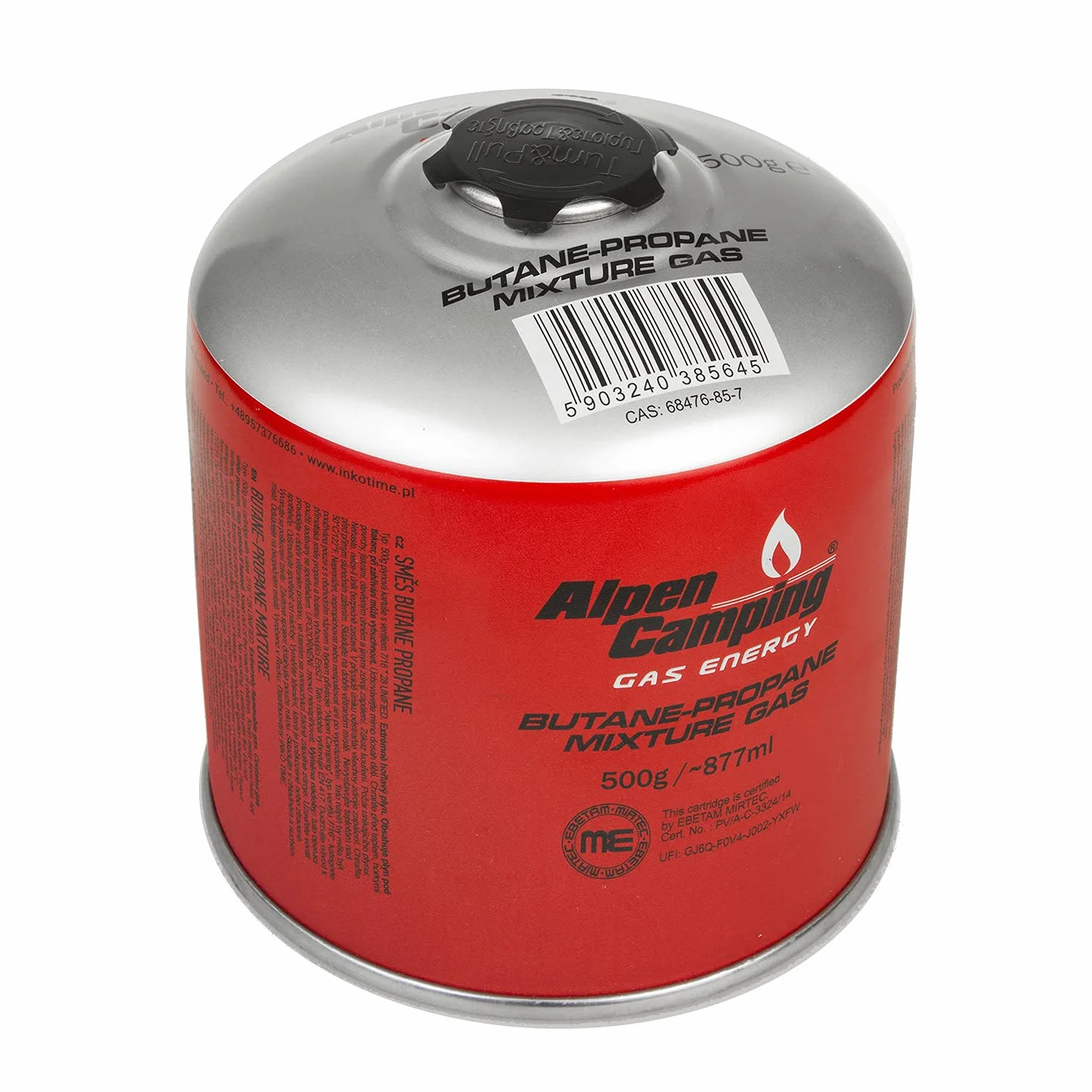 Alpen Camping kartusz gazowy 500g propan-butan -10°C do +40°C zawór 7/16"