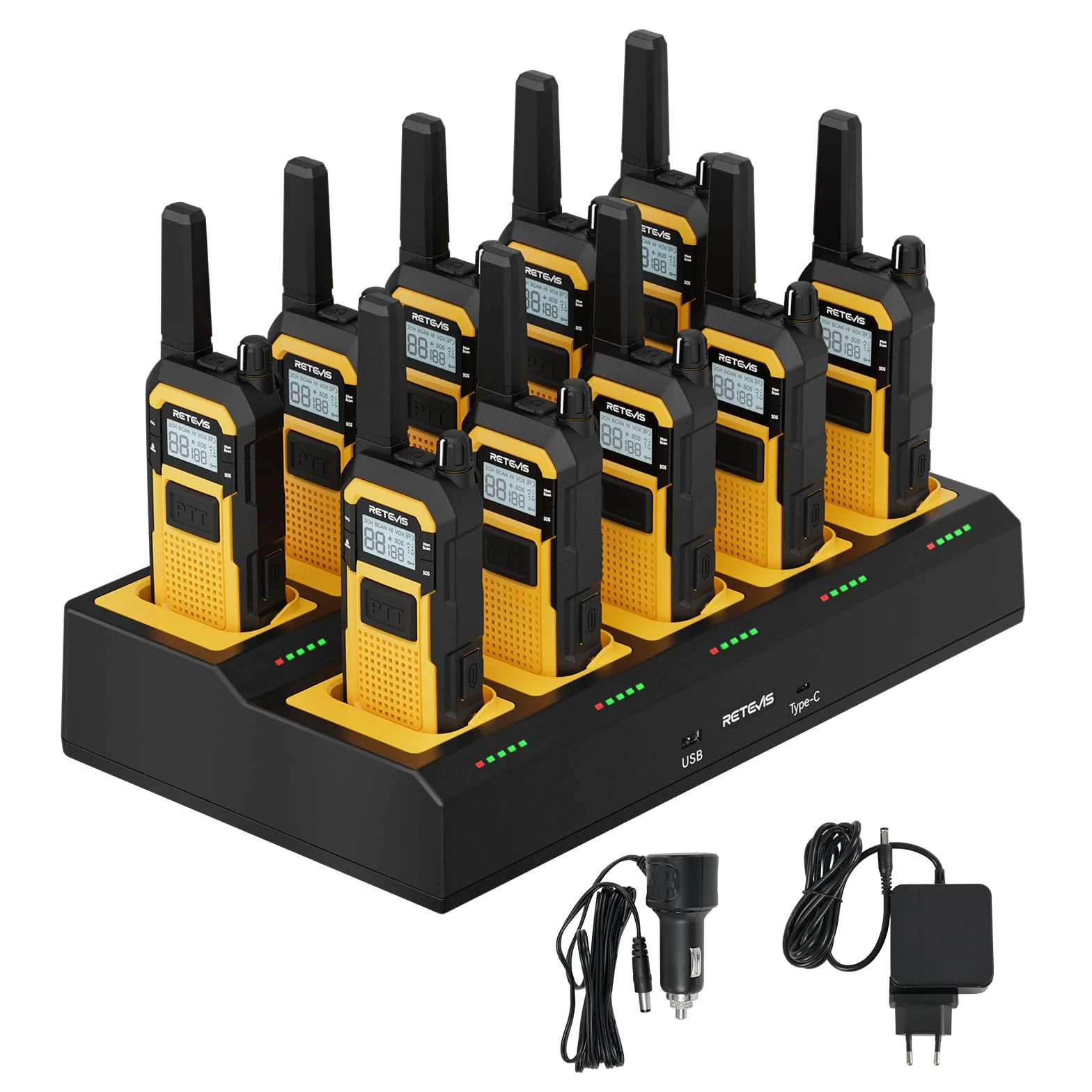 Retevis RB648 Walkie Talkies for Adults, Wodoodporne Krótkofalówki IP67, 2000 mAh, Podwójny PTT, Heavy Duty, SOS Vibration Professional, Wyposażony w ładowarkę 10-portową (10 Szt, Żółty)