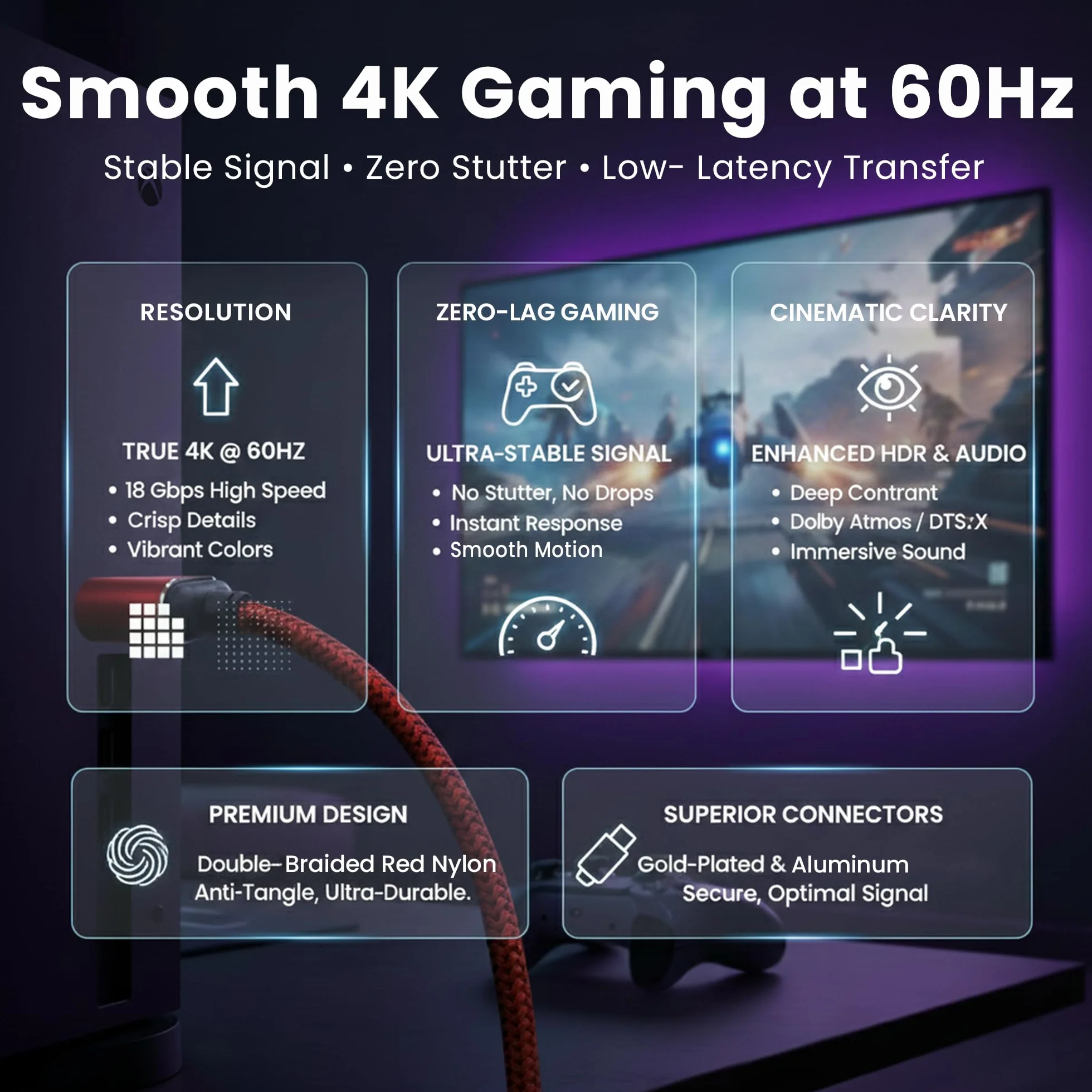 Czerwony kabel HDMI 4K 2.0 Premium High Speed, 18 Gb/s (4,5 m), kompatybilny z PS5, Xbox, telewizorami 4K UHD / odtwarzaczami Blu-ray