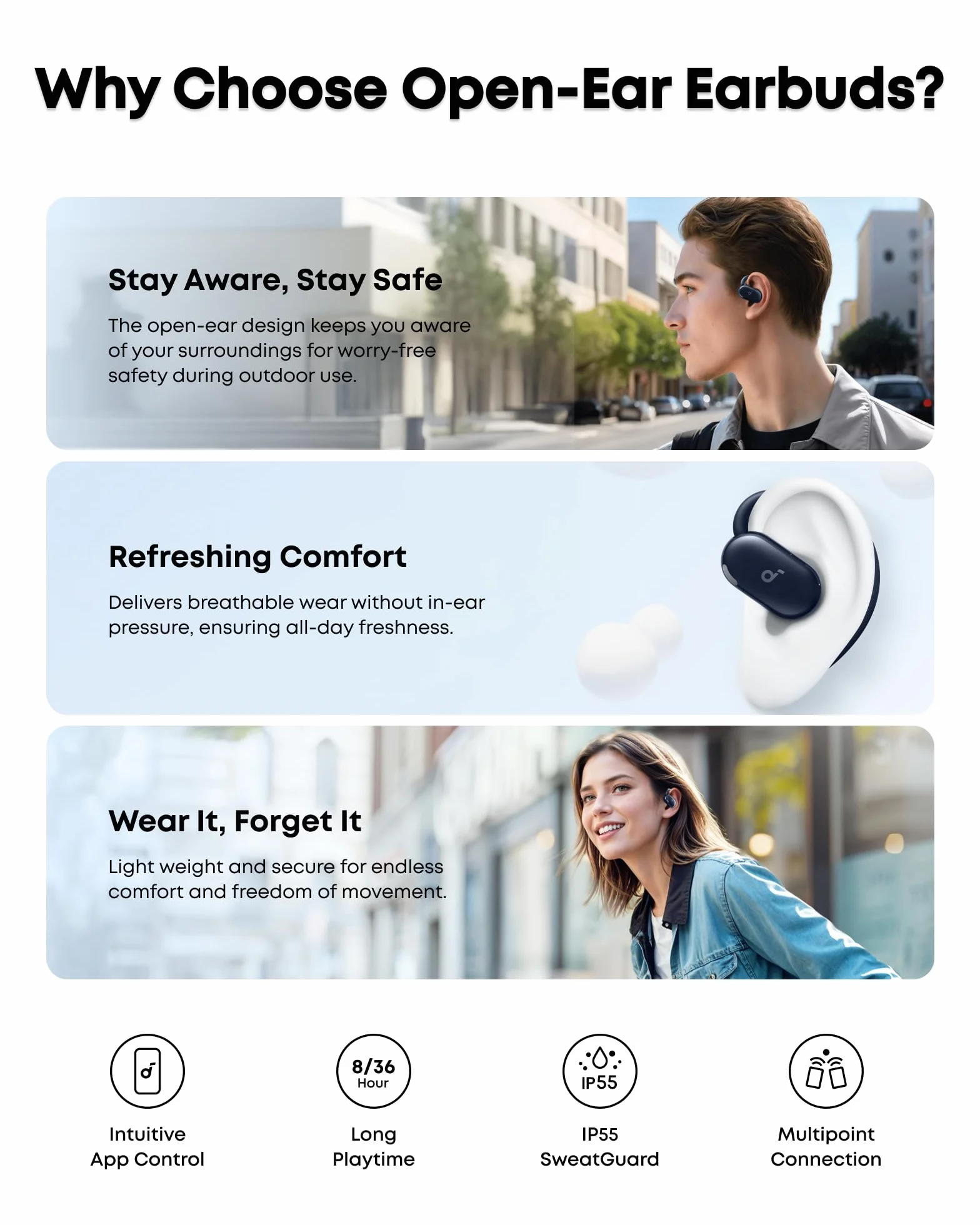 soundcore słuchawki otwarte V20i, klips, IP55, LED, 36 godz | regulowane zaczepy na uszy, ultra-komfortowe, wygodne dopasowanie, wyraźne rozmowy, IP55, oświetlenie LED, 36 godz. pracy