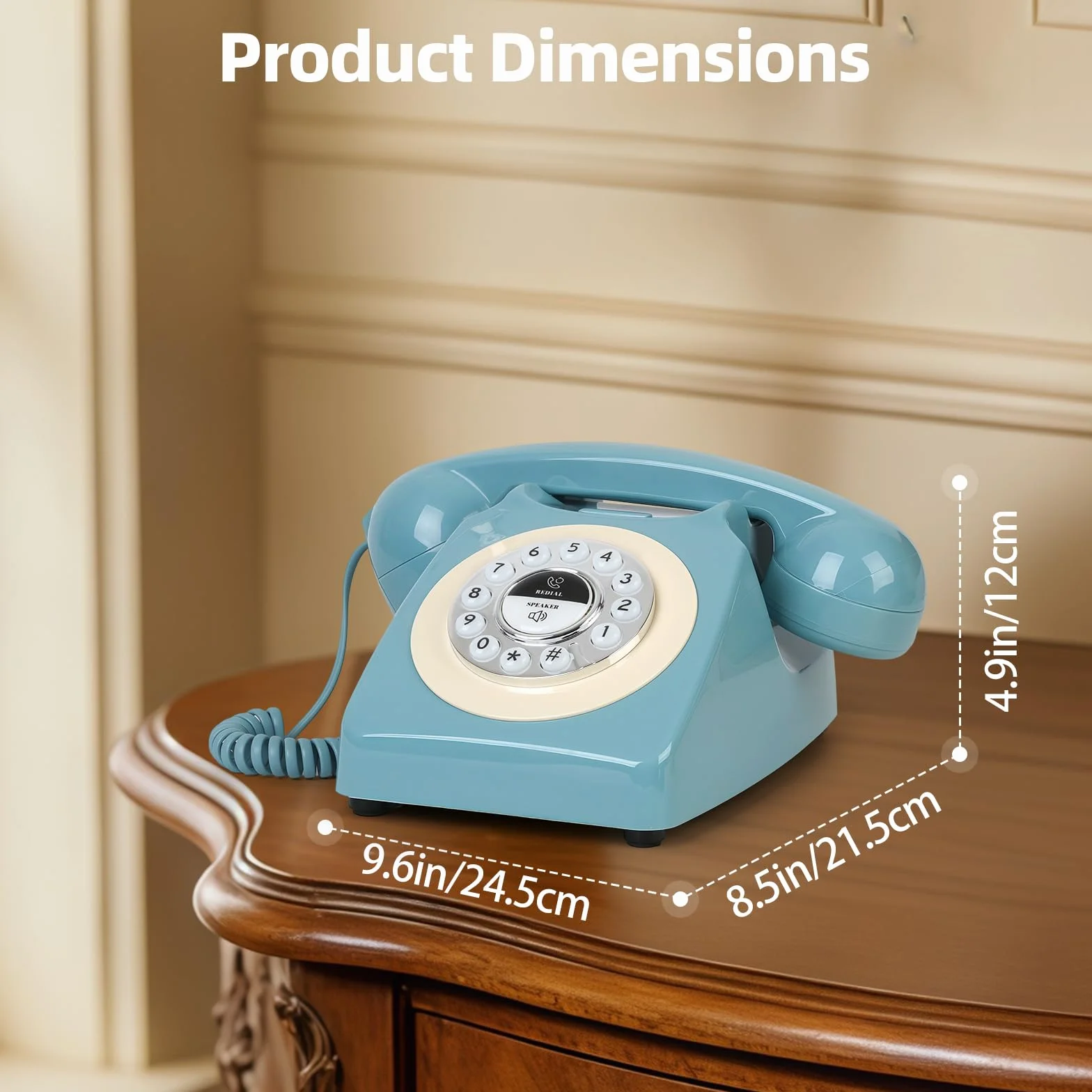 Telefon stacjonarny Bluetooth w stylu retro, niebieski z połowy wieku, z klasyczną słuchawką, głośne dzwonki vintage, Bluetooth łączy się ze smartfonem, uroczy telefon w stylu retro do sypialni, domu