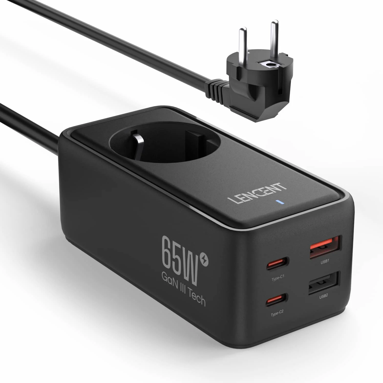 LENCENT 65W Listwa Zasilająca z GaN III Tech, Gniazdko z Przełącznikiem | USB Szybkie ładowanie Gniazdami z 1 AC + 4 USB (2 PD USB-C + 2 USB-A), 5 w 1 Wielokrotna Wtyczka 1.5M Kablem, Czarny