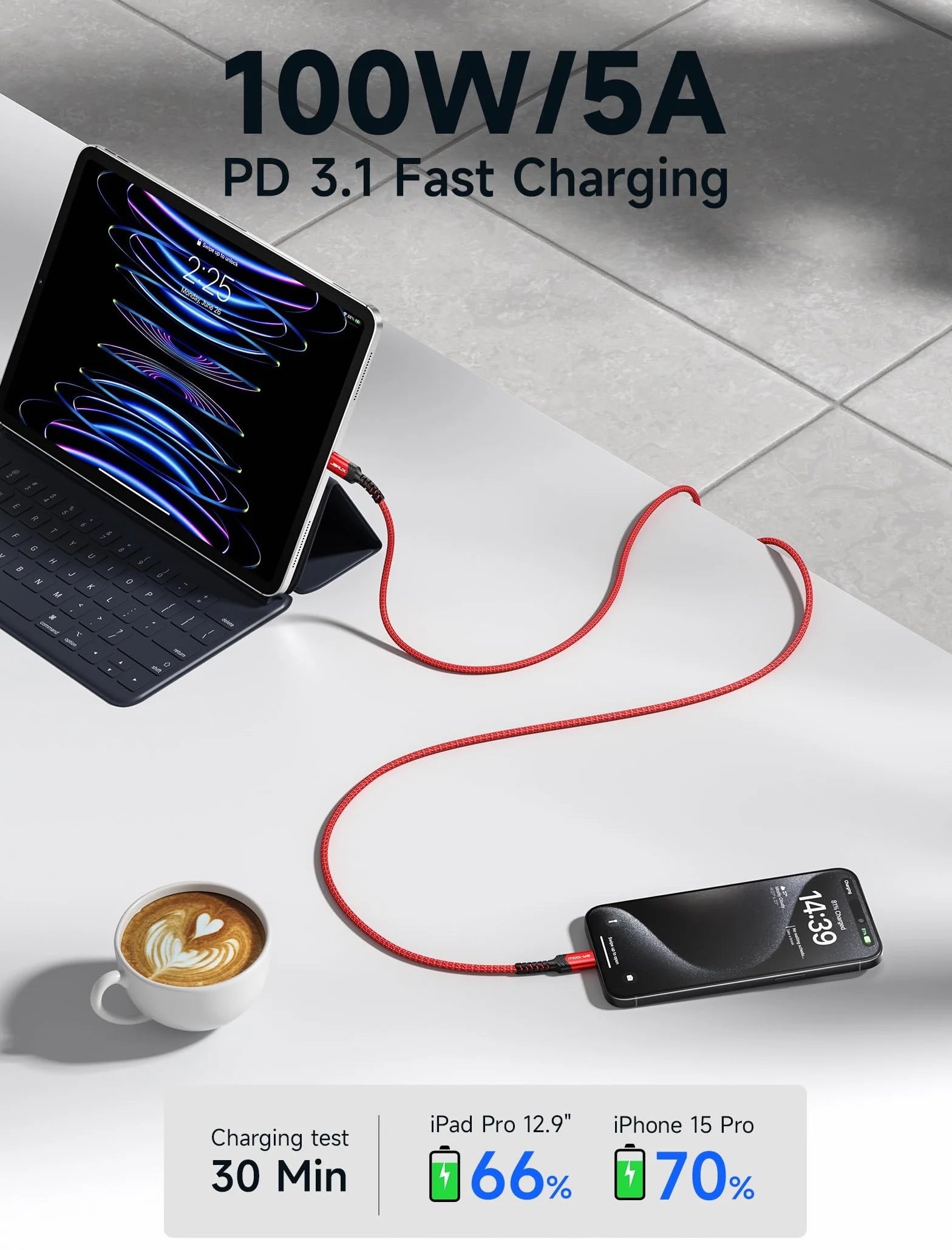 JSAUX Kabel USB C-USB C (2 szt., 1m+1m) 100W/5A, ładujący/szybki ład., kompatybilny z Nintendo Switch 2, iPhone 16/15 Pro Max, Samsung Galaxy S25/S24/A54, MacBook, iPad Pro Air – czerwony