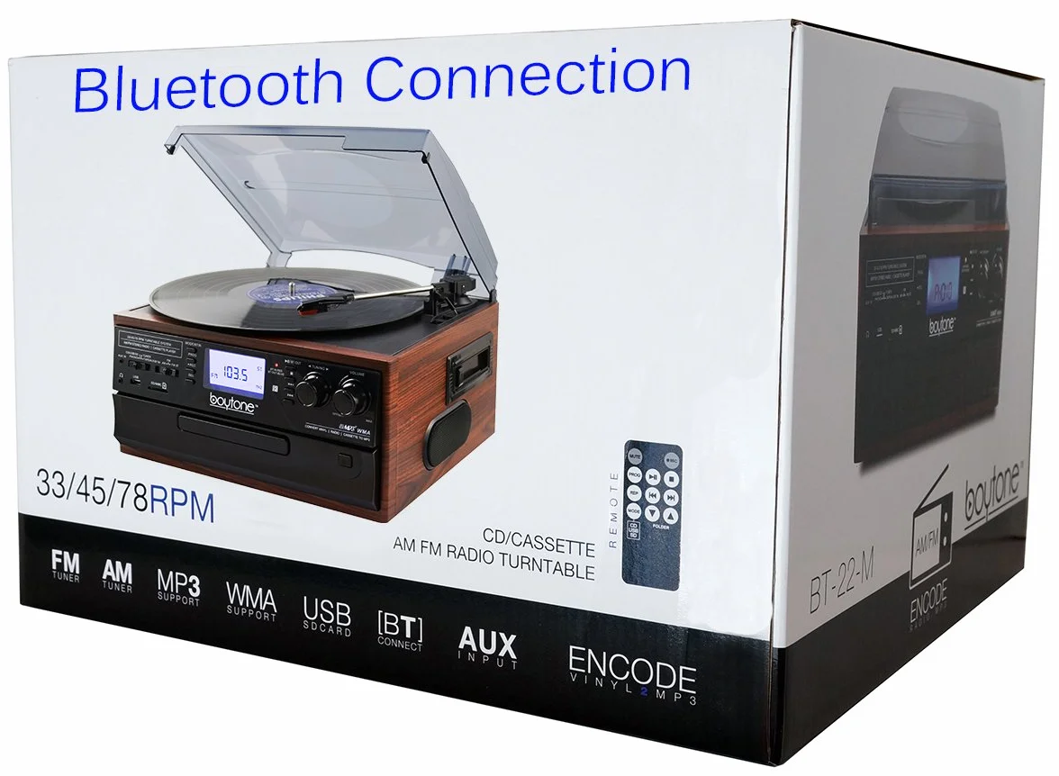 Boytone BT-22M, gramofon Bluetooth, radio AM/FM, kaseta, odtwarzacz CD, 2 wbudowane głośniki, możliwość konwersji winylu, radia, kasety, CD na MP3 bez komputera, gniazdo SD, USB, AUX