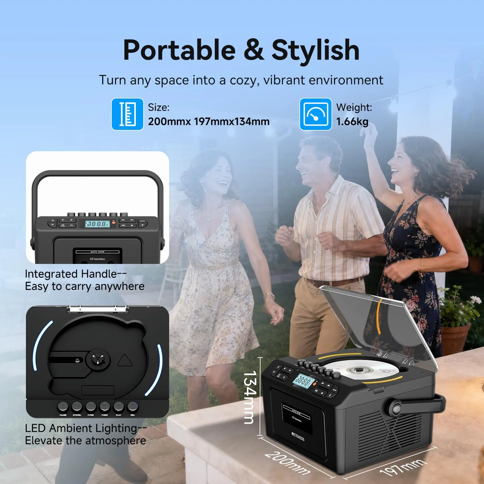 Retekess TR642 Przenośny Odtwarzacz CD Boombox | Do Rozrywki Domowej, Bezprzewodowe Połączenie, Porty USB/AUX/TF, Ładowalny Akumulator, Podświetlenie Nastrojowe, Z Pilotem