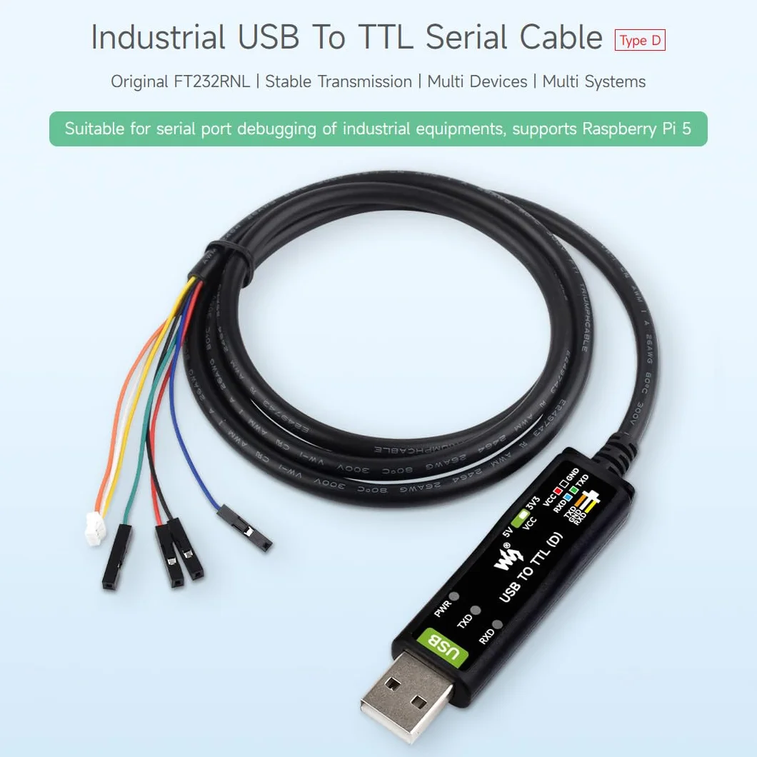 Waveshare Industrial USB TO TTL (D) Serial Cable, FT232RNL Chip, Multi Protection Circuits, for Win7/8/10/11/Mac/Linux, With 4pin Header+SH1.0 3PIN Connector, For Raspberry Pi 5 Serial Port Debugging