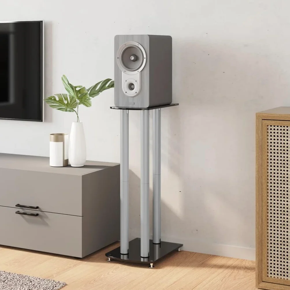 Stojak na głośniki 2 sztuki, czarny, srebrny, z hartowanego szkła z aluminiowymi kolumnami, wysokość 75 cm, antypoślizgowy, z systemem zarządzania kablami, do kina domowego, salonu, studia