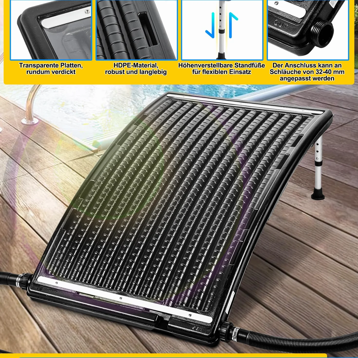 Jopassy Solarne ogrzewanie basenu, kolektor słoneczny, 110 x 65 x 15 cm, ogrzewanie solarne 10 000 l/h, przyłącze 38-40 mm, możliwość rozszerzenia, instalacja solarna do ciepłej wody, prysznic