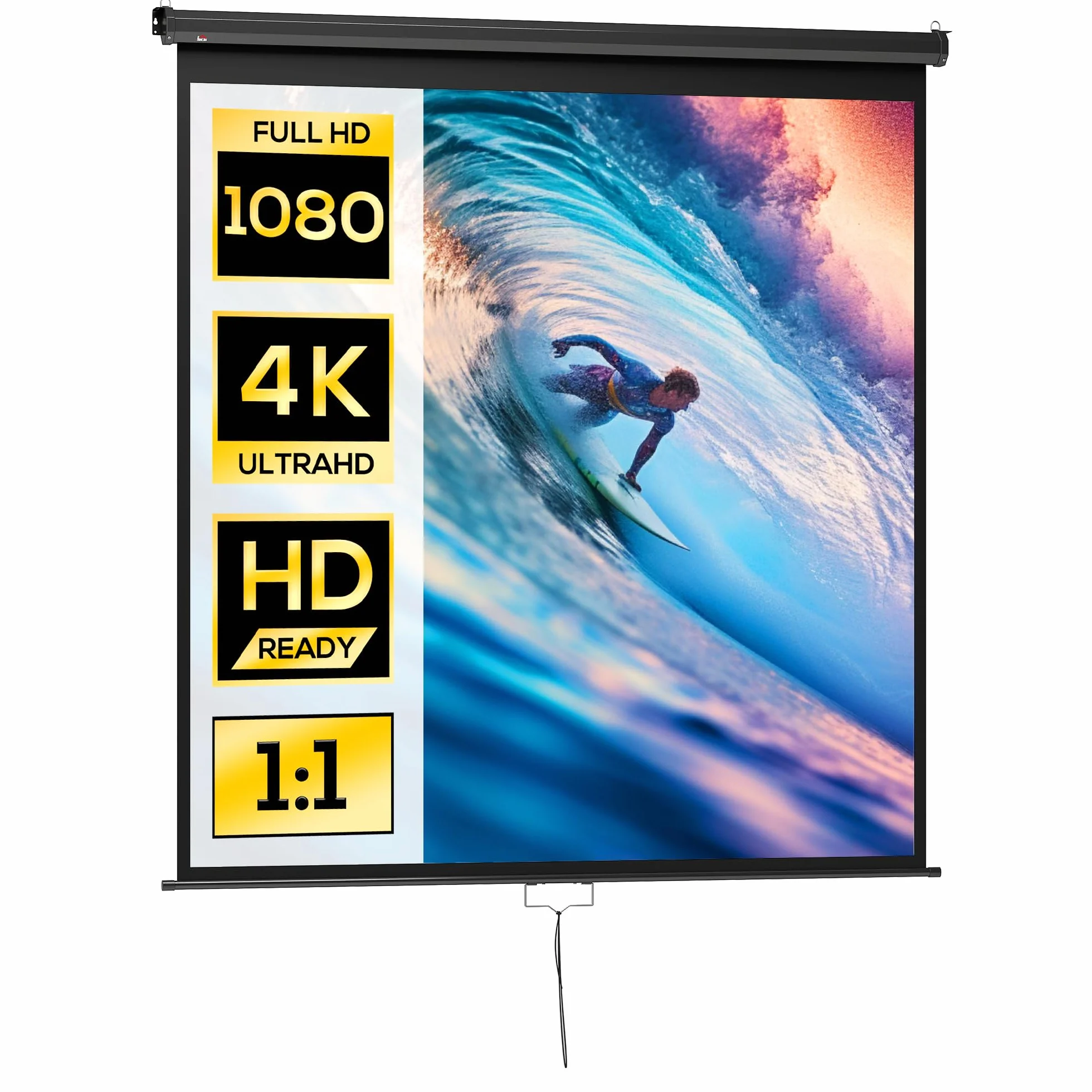 HOMCOM Ekran projekcyjny 99" 1:1 HD 4K, metalowa obudowa, 178 x 178 cm, czarny | Wideoprojektor rozwijany, ręcznie regulowana wysokość, do kina domowego, biura, w podróży