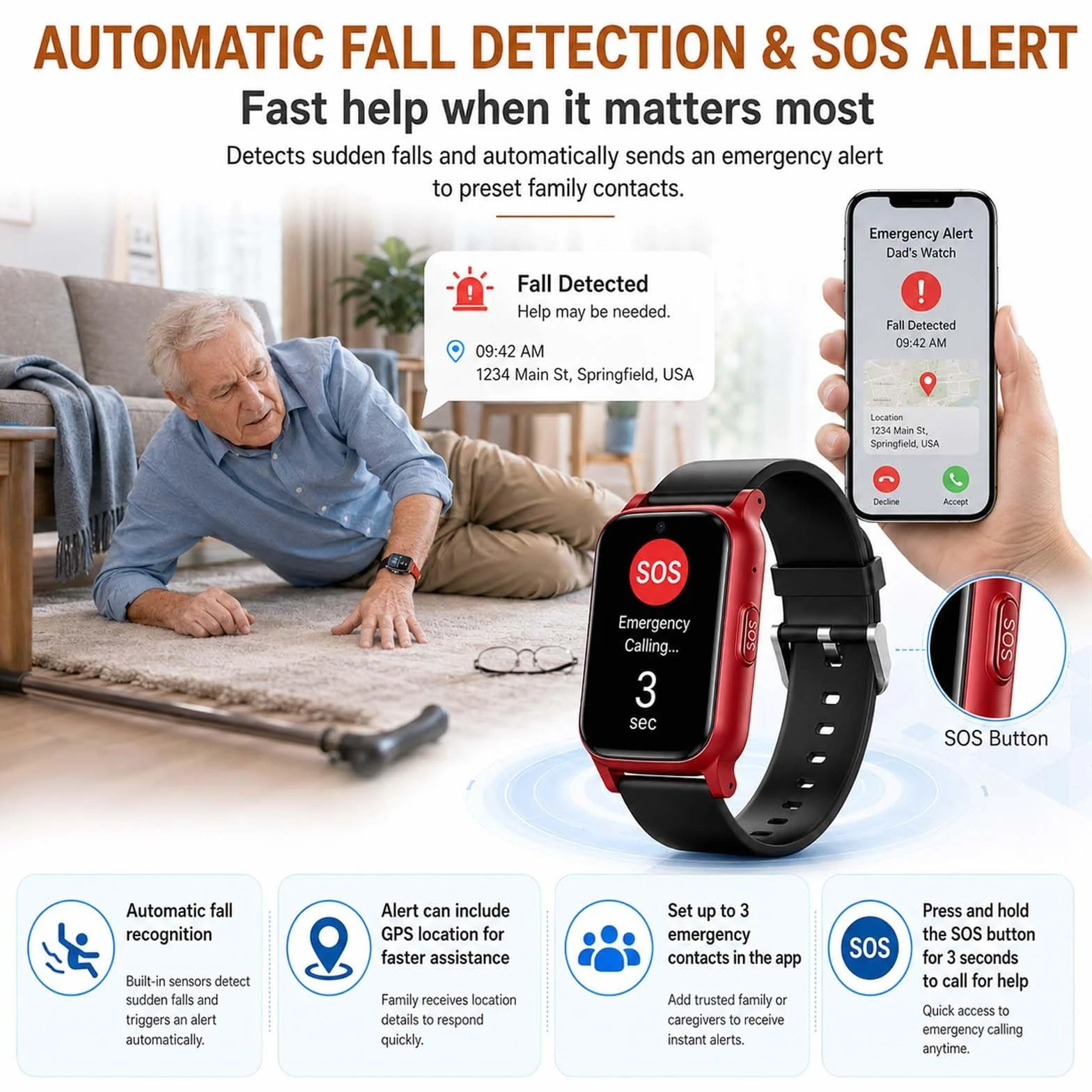 Inteligentny zegarek GPS z automatycznym wykrywaniem upadku dla seniorów, alarm alarmowy SOS z lokalizacją GPS, zegarek dla osób starszych 4G z połączeniami dwukierunkowymi, wodoodporność IP67