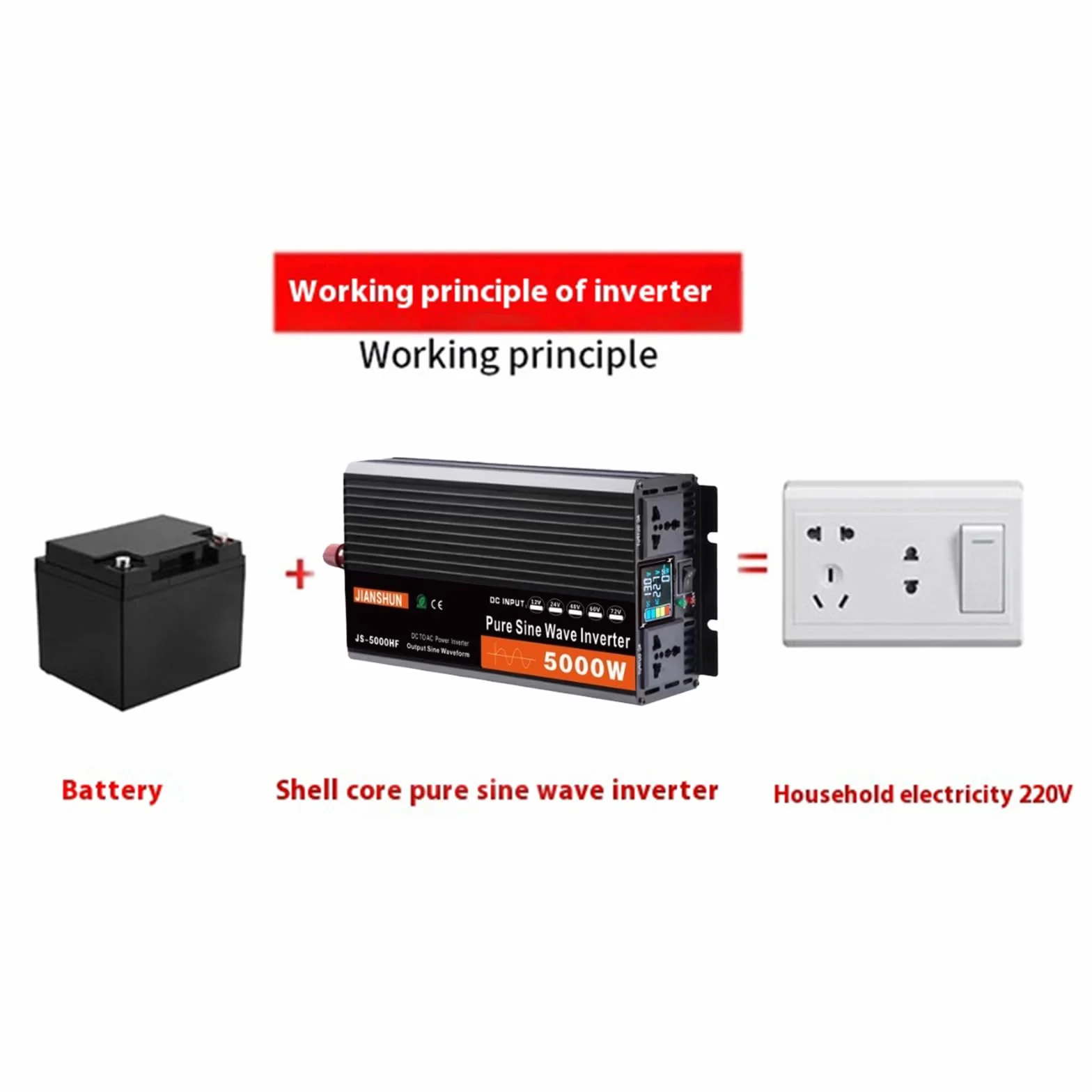 Przetwornica napięcia samochodowego 5000 W Czysta fala sinusoidalna 12 V 24 V 48 V 60 V 72 V do AC 110 V-120 V/220 V-230 V Przetwornica napięcia samochodowego z 2 gniazdami,12V to 230V