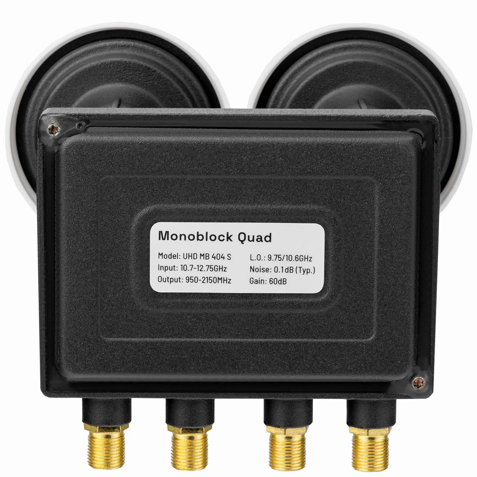 hb-digital Monoblock Quad LNB UHD MB 404 S LNC dla 4 uczestników/odbiornika Direkt 2 satelity Astra 19,2° Hotbird 13° Full HD TV 3D 4K + 8 x wtyk F pozłacany + 2 x gumowe tulejki + 1 x klucz montażowy