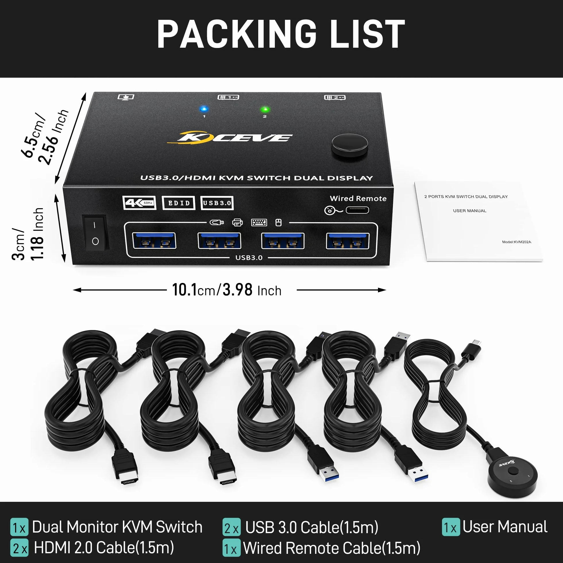 USB 3.0 Przełącznik HDMI KVM 2 Komputery 2 Monitory, Symulacja EDID, Rozszerzony Wyświetlacz 4K 60 Hz, HDMI 2.0, Dwa Monitory Switch KVM 2 Komputery Teilen Cablelose Tastatur, Maus, Wired Remote