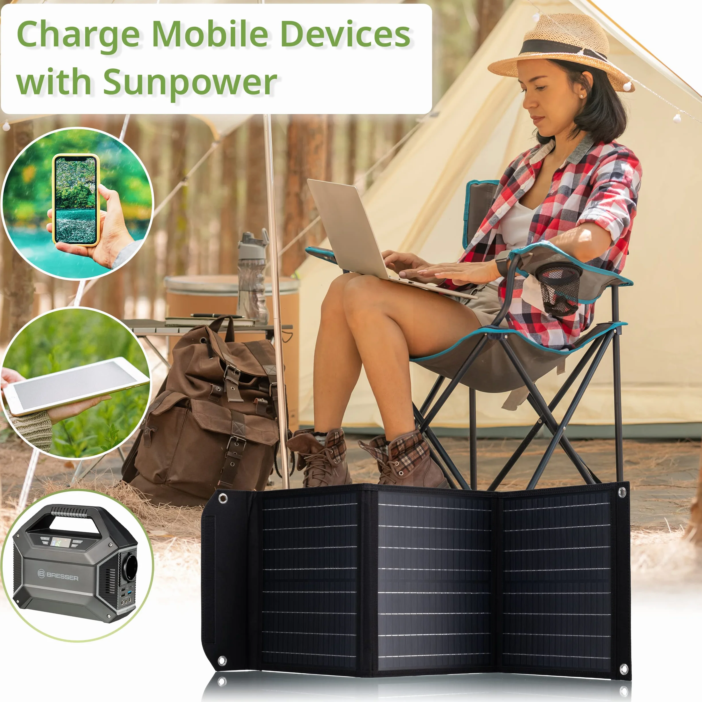 Bresser Ładowarka solarna 40 W z 1 portami DC i 3 portami USB-A wraz z gniazdem USB A z QC3.0 do szybkiego ładowania, panel słoneczny jako ładowarka do smartfonów, powerbanków itp. | 3 porty USB A z QC3.0, wyjście DC 18 V z adapterami, ogniwa monokrystali