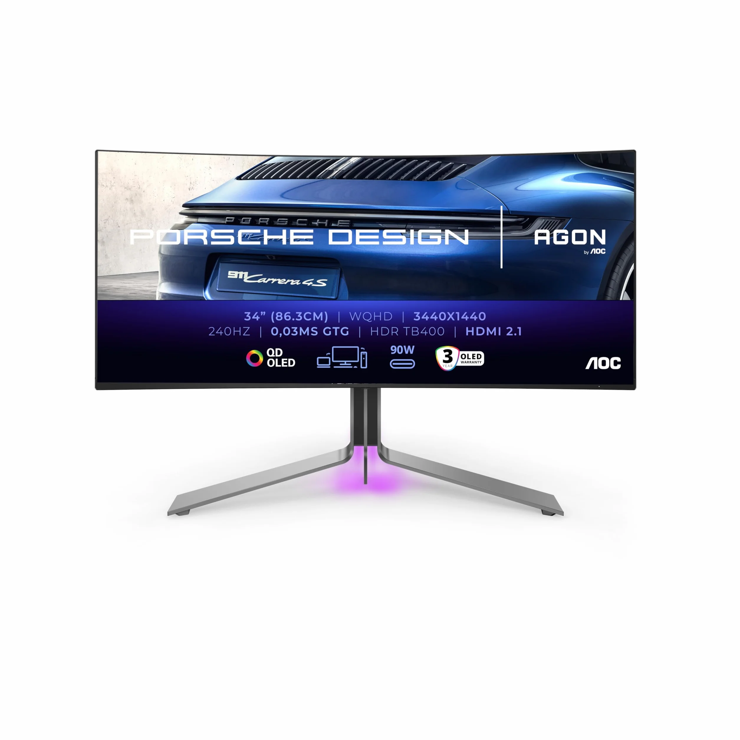 AOC Agon Pro PD34-34-calowy monitor do gier OLED, 240 Hz, 0,03 ms, FreeSync Premium Pro, Comp, G-Sync, HDR400 (3440 x 1440, 2 x HDMI 2.1, DisplayPort, USB-C (90 W PD), Hub USB) Czarny