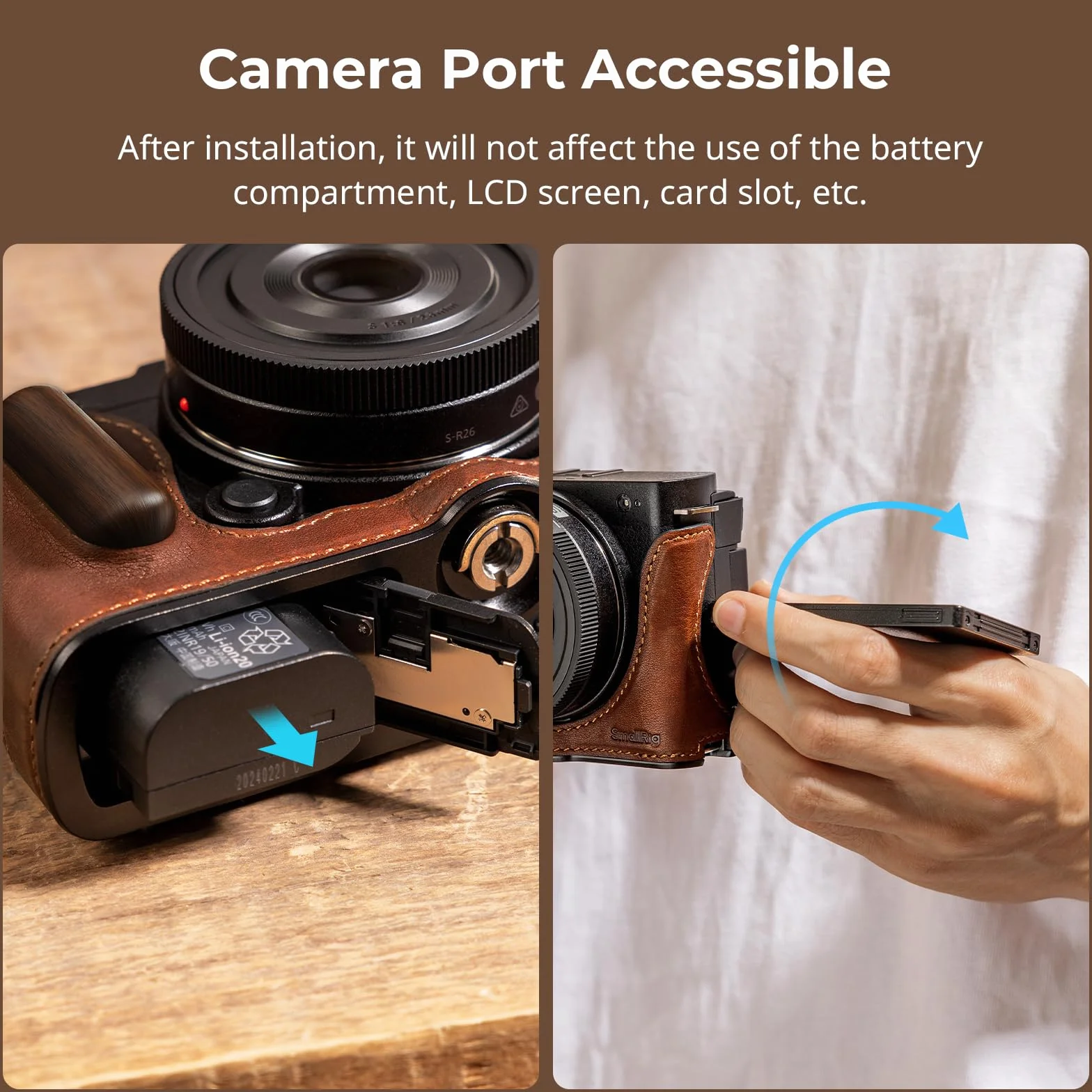 SMALLRIG Half Leather Case kit, Skórzane etui na Aparat w Stylu Vintage, Półskórzane etui, Ramka ze Stopu Aluminium, z Drewnianym Uchwytem dla Panasonic LUMIX S9-4703