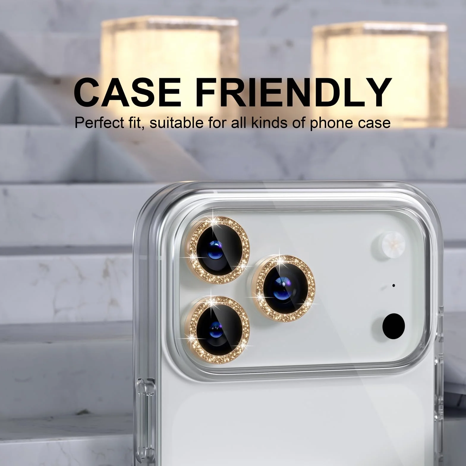 Choiche Kompatybilny z telefonem 17 Pro/Phone 17 Pro Max, osłona obiektywu aparatu, osłona aparatu ze szkła hartowanego 9H, osłona ekranu, metalowy pierścień, akcesoria dekoracyjne, brokatowo-złoty)