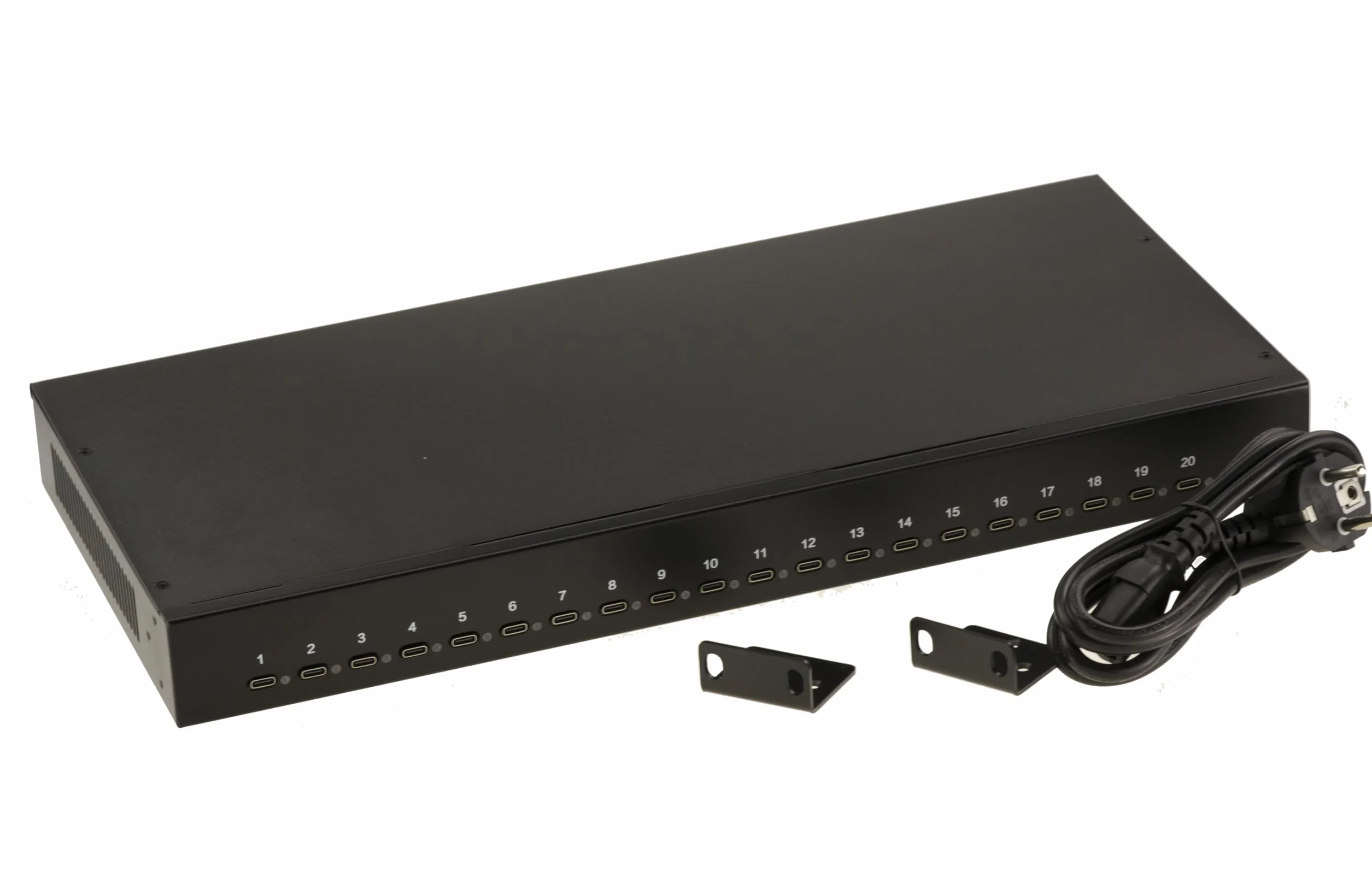 KALEA-INFORMATIQUE Przemysłowa stacja ładująca do montażu w szafie rack 44 cm, 20 portów USB typu C, maksymalna moc 200 W, zasilanie 5 V 2,1 A na port