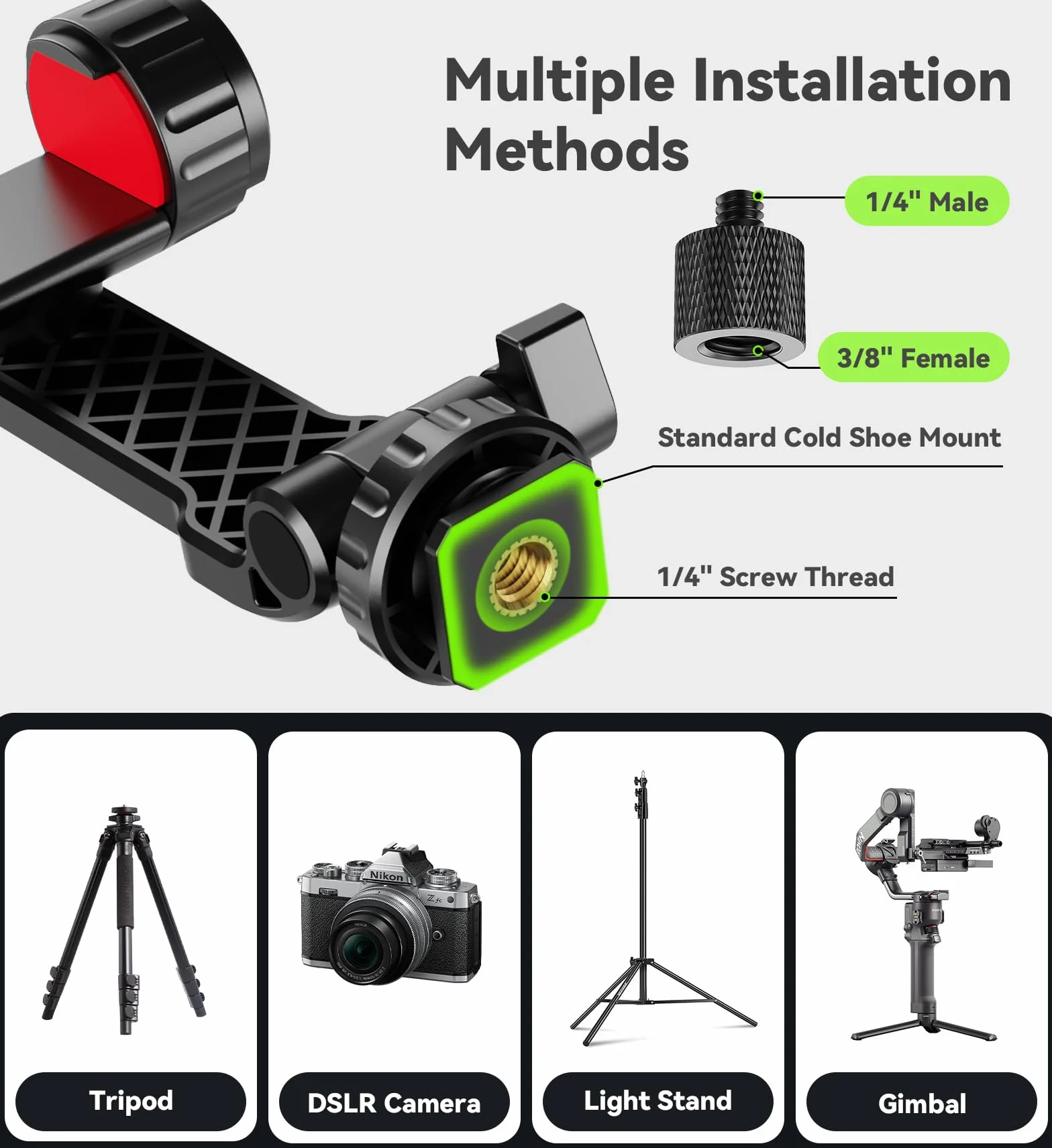 YZNT Uniwersalny uchwyt do telefonu z obrotem 360°, gwint 1/4", 2 adaptery