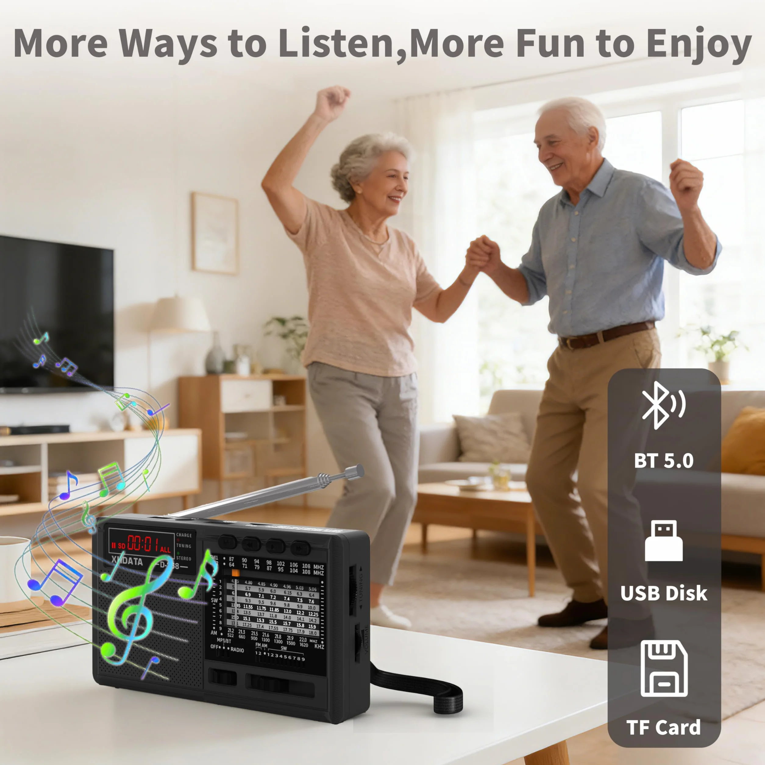 XHDATA D368 Przenośne Radio Tranzystorowe Kompaktowe FM/AM(MW)/SW Mini Z Bluetooth USB TF Na Baterie