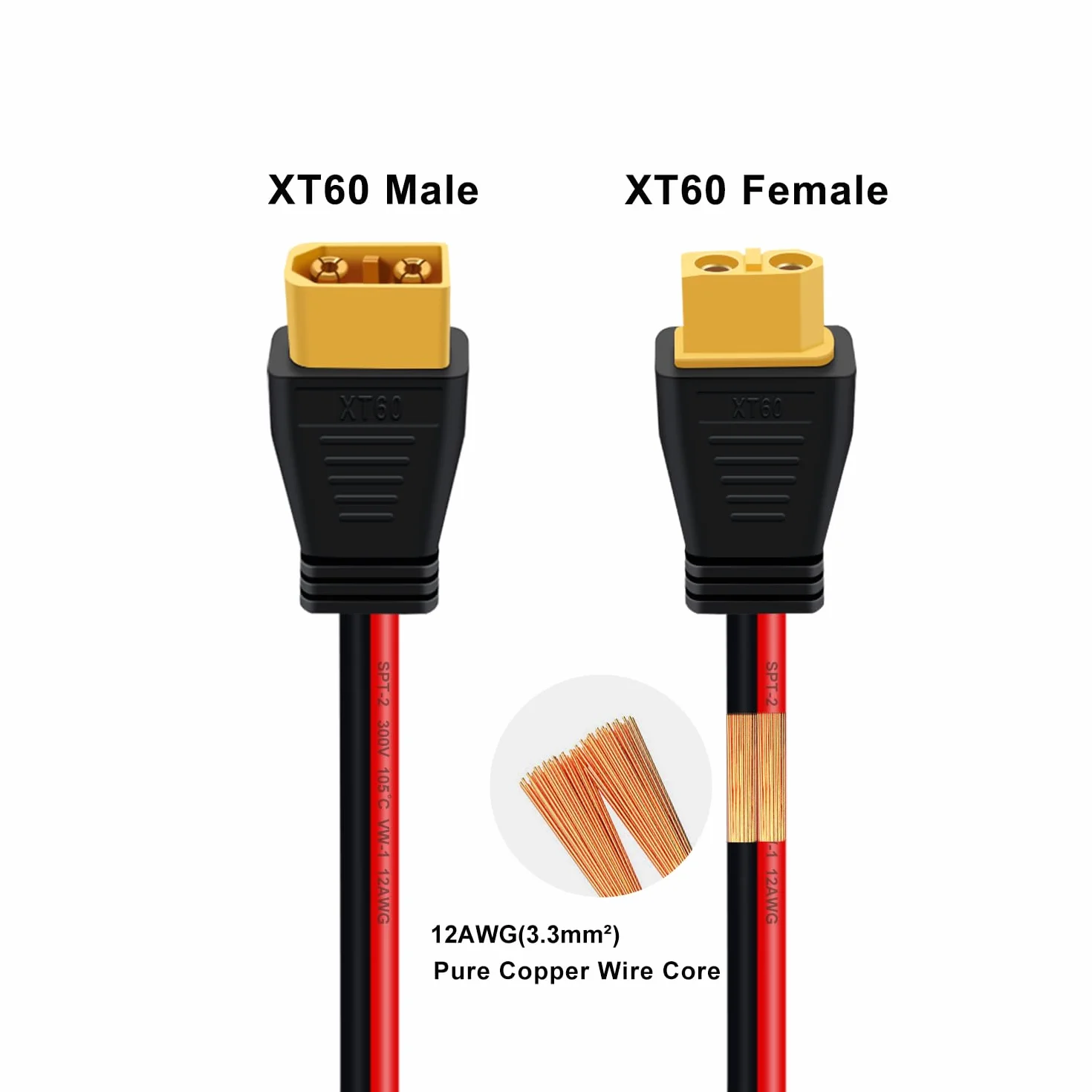 Przedłużacz XT60 12 AWG z wtykiem XT60 do gniazda kabel do akumulatorów RC, przenośnych zasilaczy i zestawów akumulatorów (1 m)