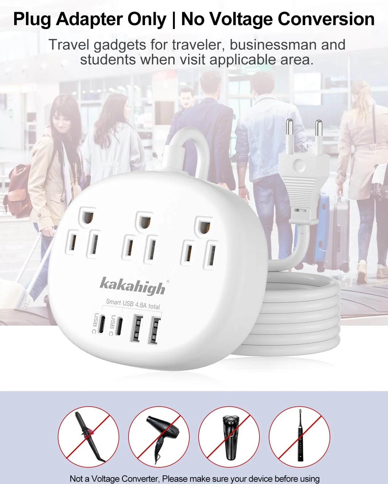 Europejski adapter wtyczki podróżnej z USB C, adapter gniazdka z 3 gniazdami AC i 4 portami USB, adapter wtyczki typu C dla USA do większości Europy Islandii, Hiszpanii, Włoch, Francji, Niemiec itp