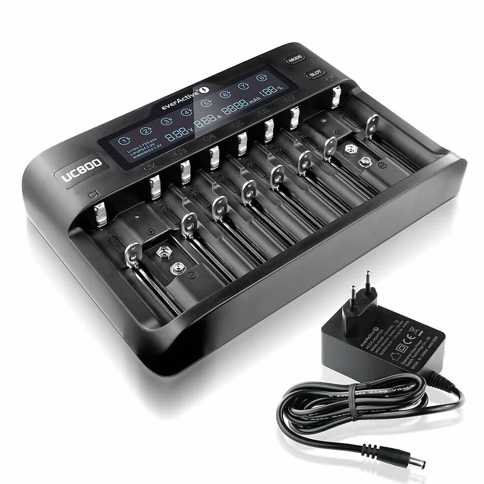 everActive Ładowarka do 10 akumulatorów litowo-jonowych i Ni-MH, Li-HV i Li-FePO4 profesjonalna, szybka i uniwersalna, wyświetlacz LCD, test pojemności, model: UC800