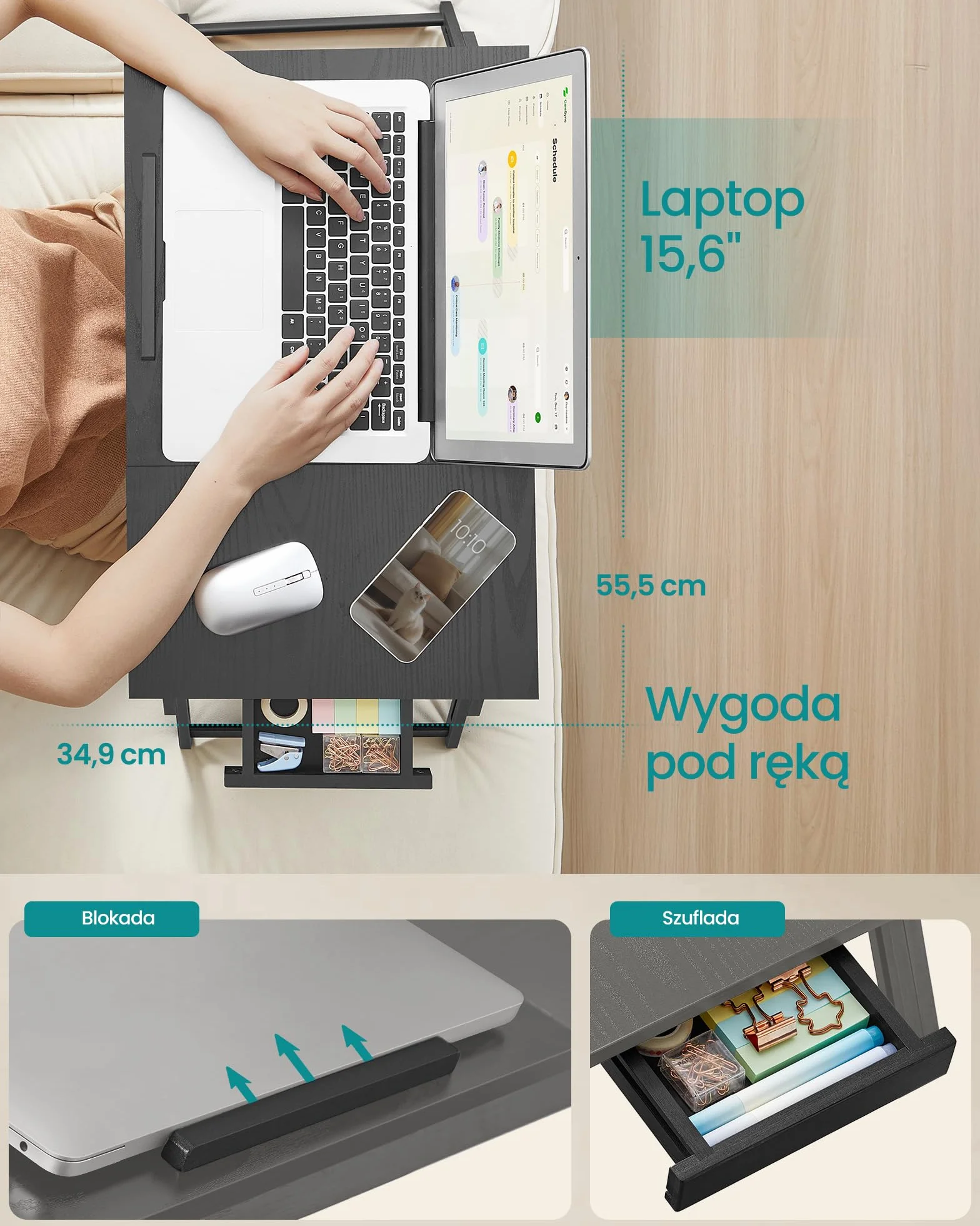 SONGMICS LLD105BE01 stolik na laptopa, łóżko z regulowanym kątem i wysokością, składany stojak na laptopa do 15,6 cala, do pracy, czytania, śniadania, bambusa, szuflady, czarny atrament
