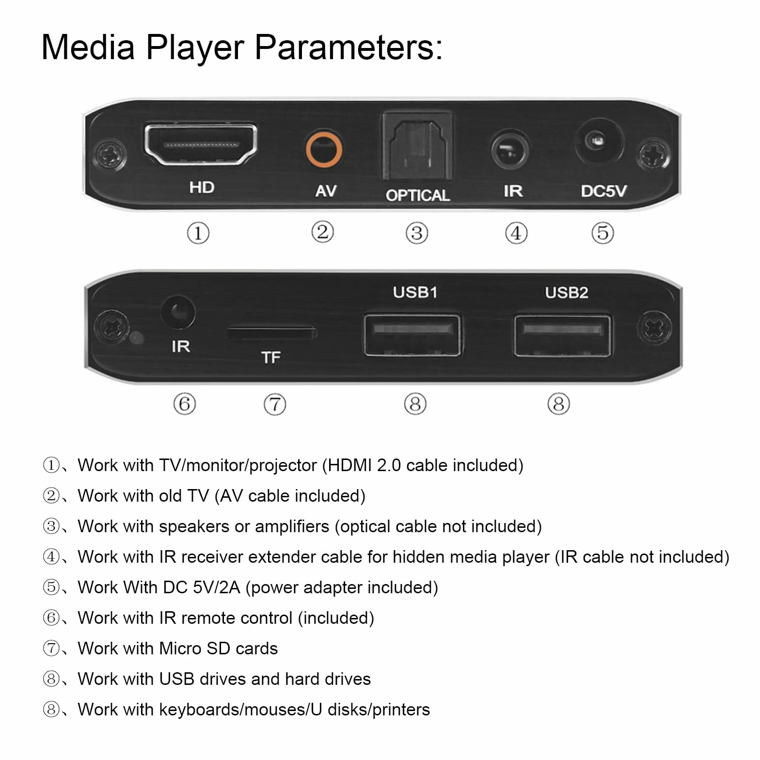 Cyfrowy odtwarzacz multimedialny 4K Ultra HD z pilotem zdalnego sterowania, obsługuje HDD/USB/Micro SD (TF), H.265/HEVC/H.264, MKV/MP4/AVI/PPT, MP3/JPG, HDMI/AV/optyczny, Auto Play
