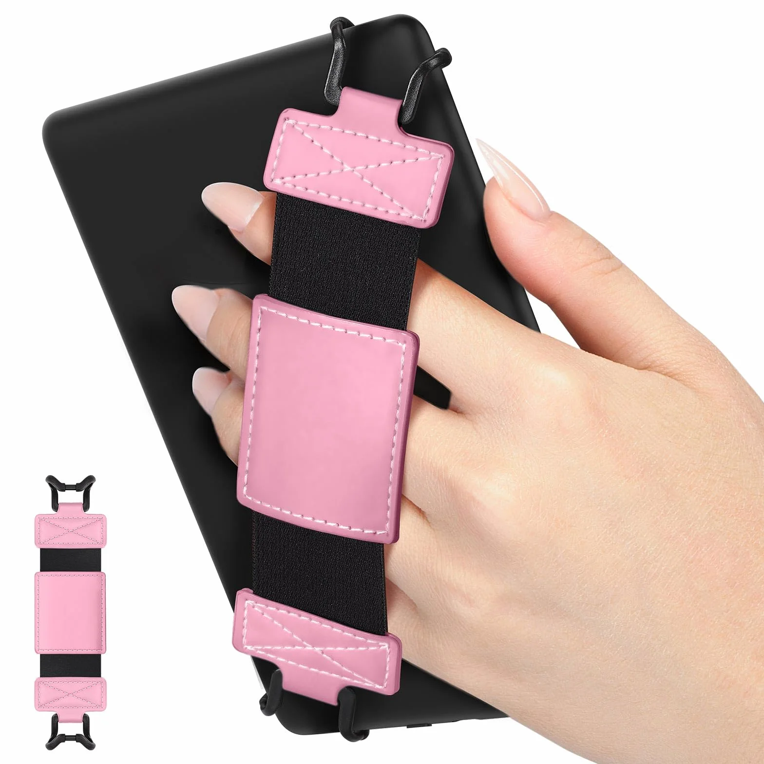 MoKo Soft Hand Strap for 6-8" Kindle eReaders Fire Tablet Kindle/Kobo/Voyaga/Sony Kindle E-Book Tablet, Black High-Elasticity Versatile Hand Strap Lightweight Finger Grip Holder, Pink