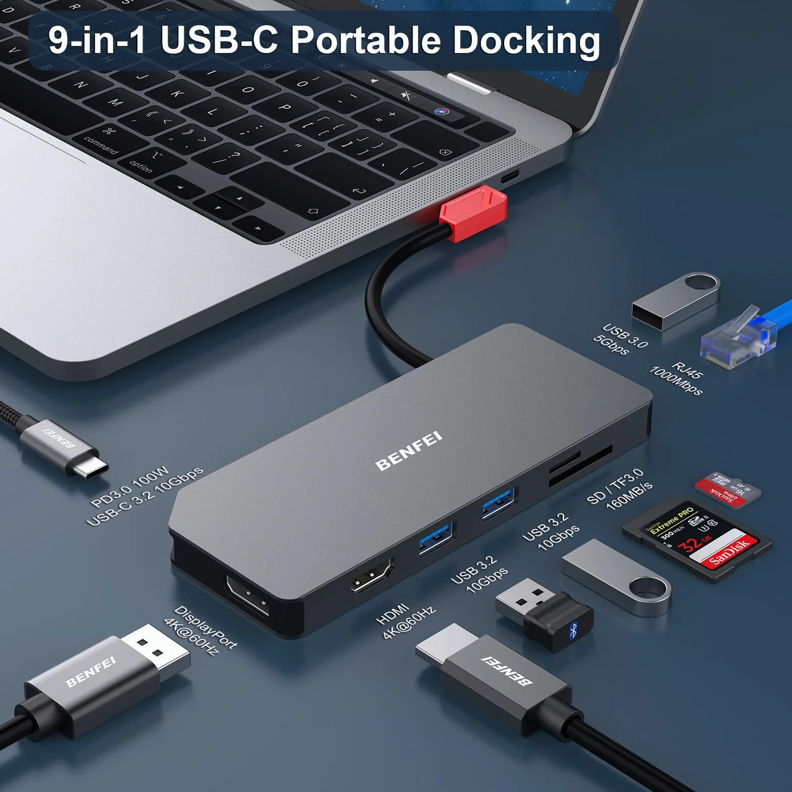 BENFEI 9 w 1 C MST stacja dokująca do laptopa, koncentrator USB-C z podwójnym monitorem HDMI DisplayPort / 3 x USB typu A / czytnik kart SD / TF