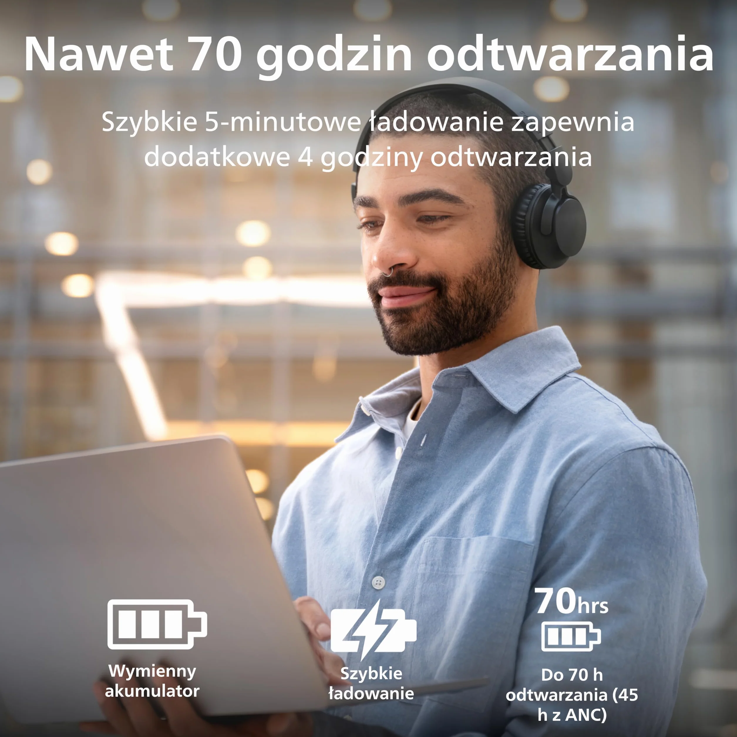 Philips Bezprzewodowe słuchawki nauszne TAH4500BK z redukcją hałasu, 70 godzin odtwarzania, Dynamic Bass, przetworniki 32 mm, Bluetooth 6.0 Multipoint, wymienne poduszki i akumulator – czarne
