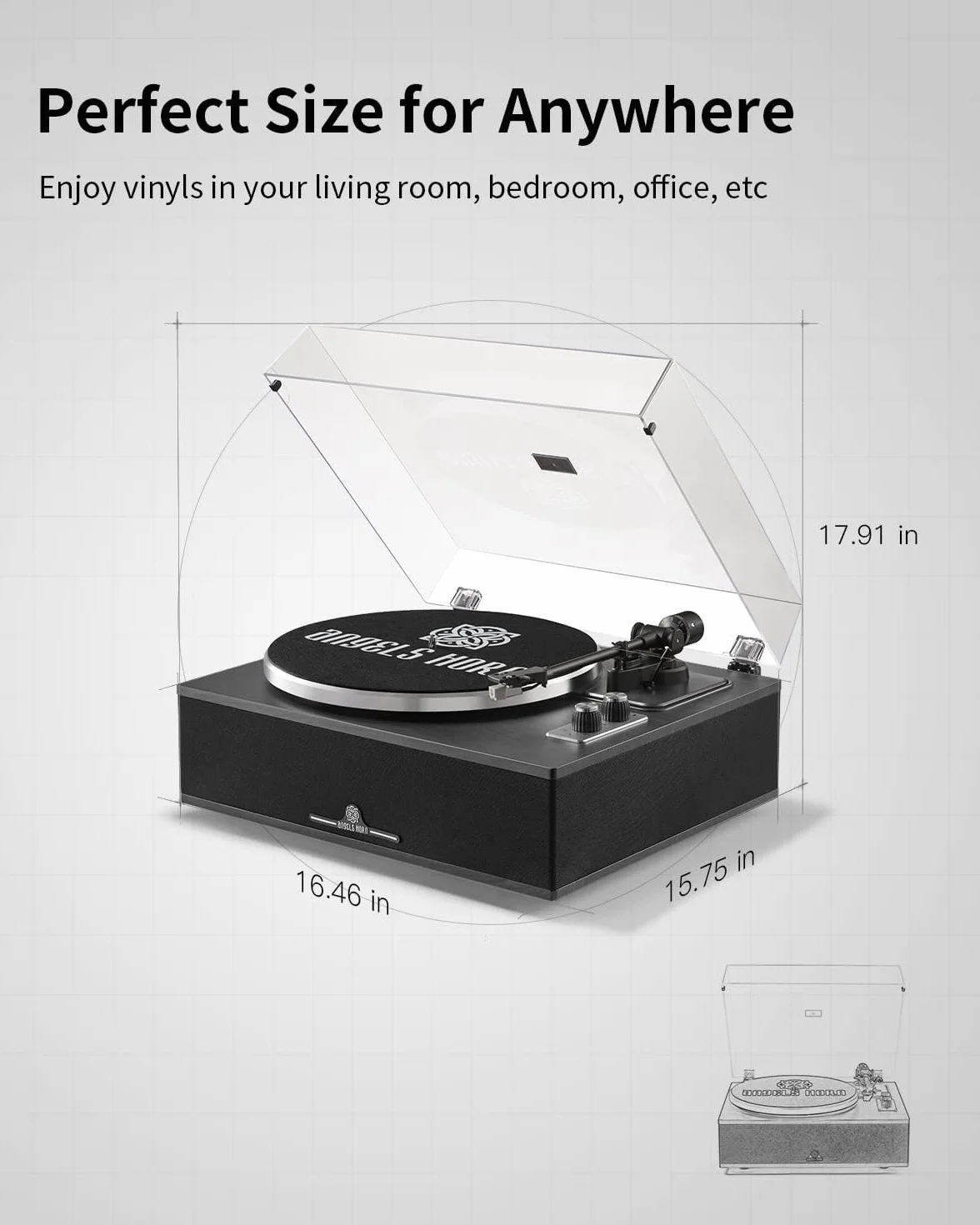 ANGELS HORN Bluetooth Hi-Fi Gramofon z Wbudowanymi Głośnikami | Wbudowany przedwzmacniacz phono, wkładka magnetyczna AT-3600L, napęd paskowy 33/45 RPM i regulowana przeciwwaga